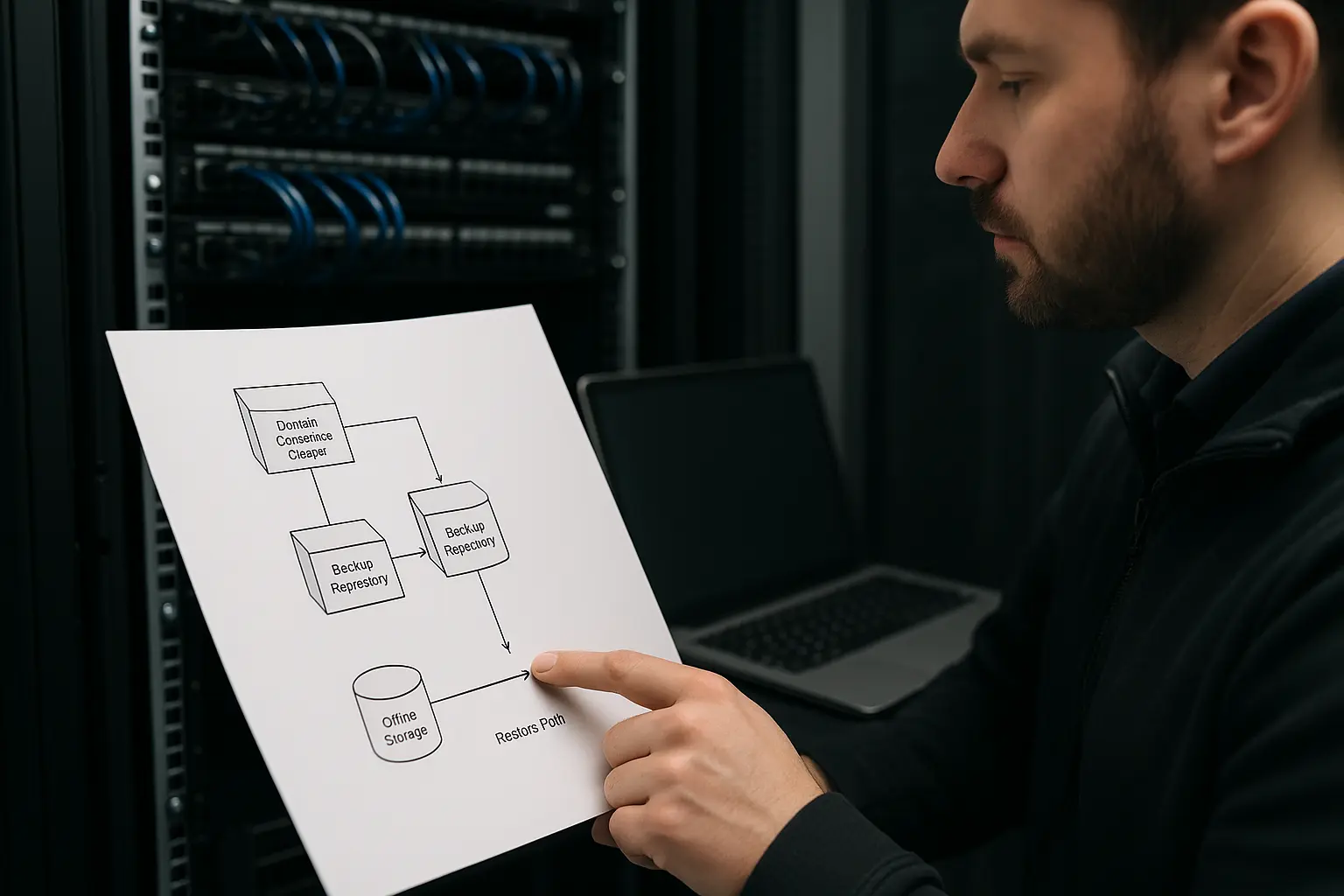 Architekturdiagramm für Active-Directory-Backup mit Wiederherstellungspfad und SYSVOL-Kontext im IT-Betrieb