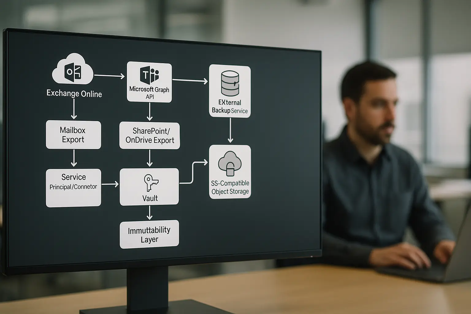 Architekturdiagramm: Office 365 Backup‑Flow zwischen Exchange Online, Teams, Microsoft Graph API und externem S3‑Storage...