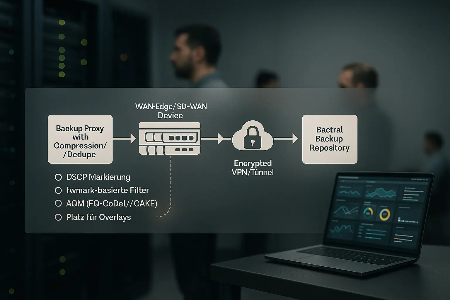 Architekturdiagramm des Backup-Datenpfads mit markierten QoS-, Shaping- und WAN‑Optimierungs-Punkten