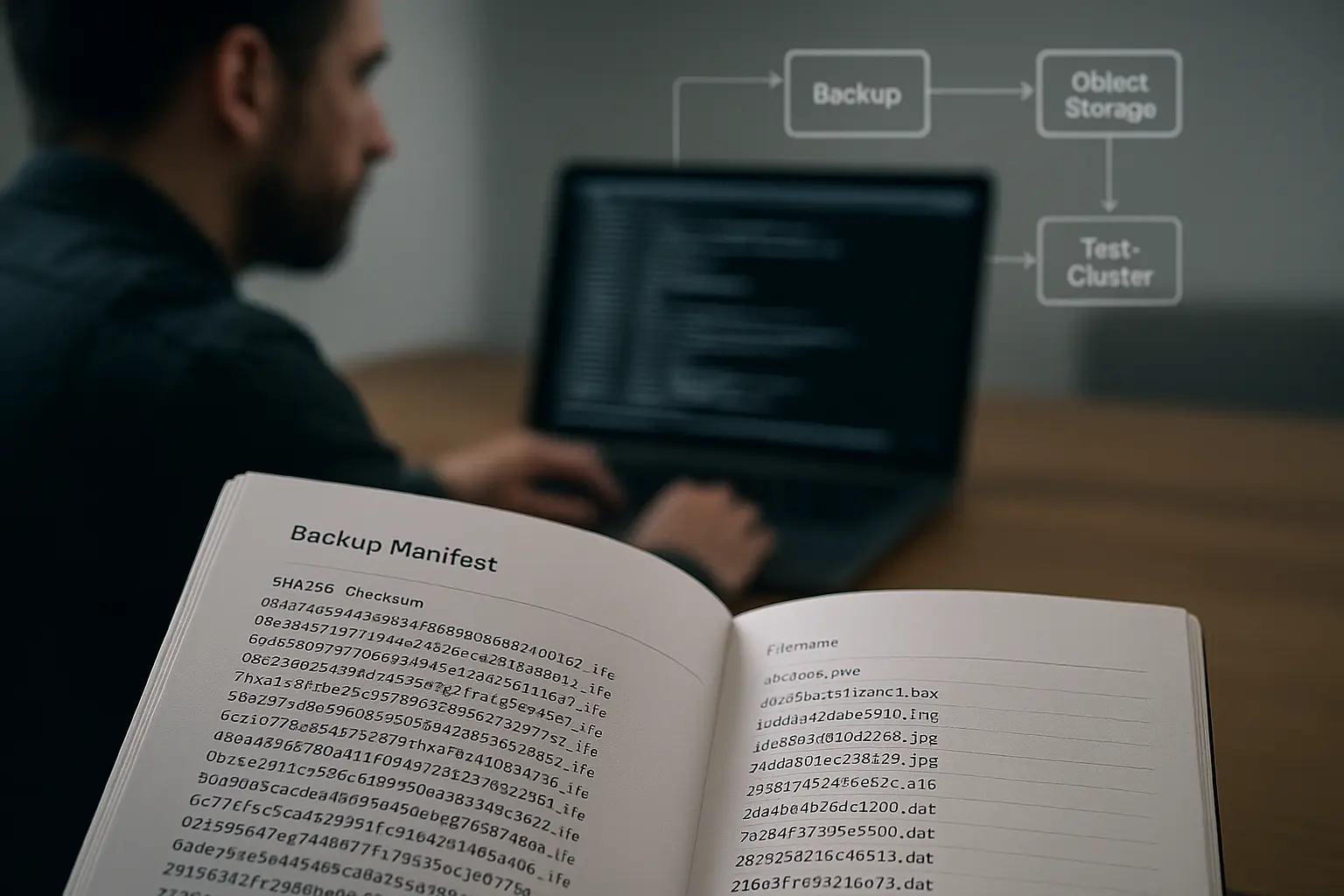 Backup-Manifest mit SHA256-Checksummen im Vordergrund und Restore-Logs auf Laptop im Hintergrund
