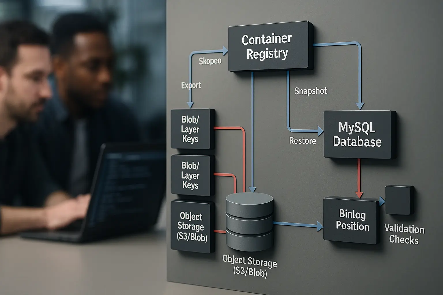 Architekturdiagramm einer Container‑Registry mit Objekt‑Storage, MySQL‑Metadaten und Snapshot/Restore‑Pfeilen