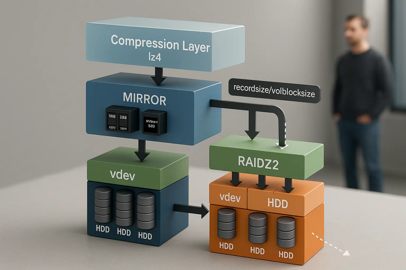 Isometrische technische Darstellung eines ZFS‑Pools mit mirror‑ und raidz2‑vdevs, Datenfluss‑Pfeilen und Scrub‑Markierungen