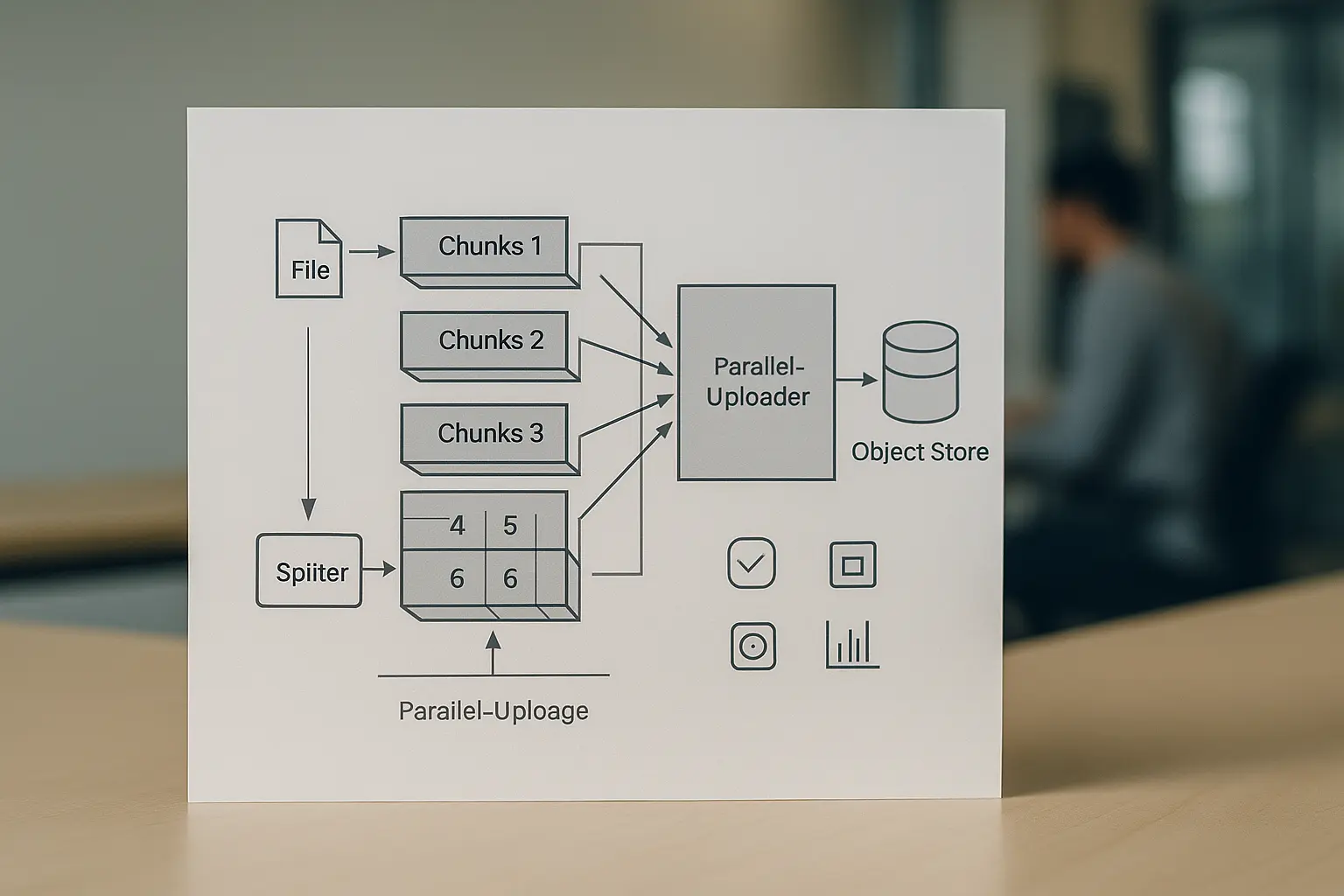 Architekturdiagramm einer Backup‑Pipeline: Datei‑Chunking, parallele Upload‑Streams und Objektstore‑Ziel