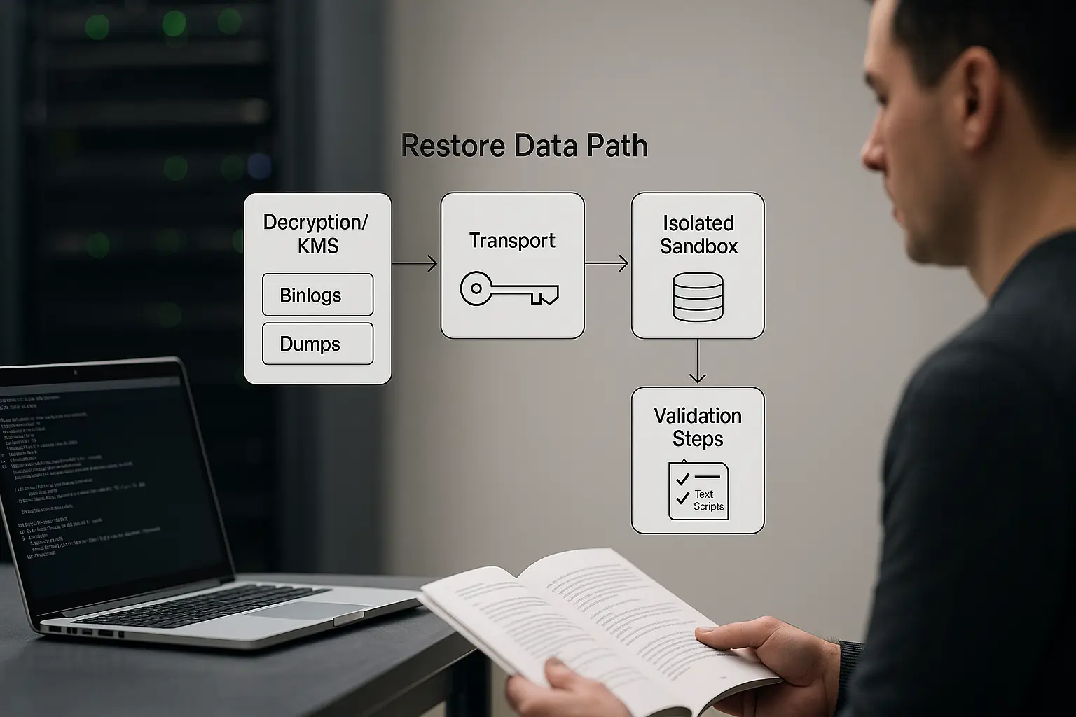 Architekturdiagramm des Restore‑Datenpfads mit Repository, Entschlüsselung, Sandbox und MySQL‑Validierung, fotografisch...