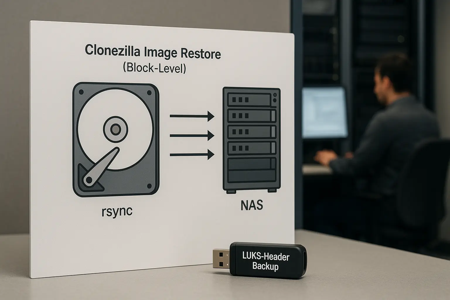 Diagramm der Restore‑Topologie: Clonezilla‑Image, rsync‑Datenstrom und NAS‑Rack mit LUKS‑Header‑Backup