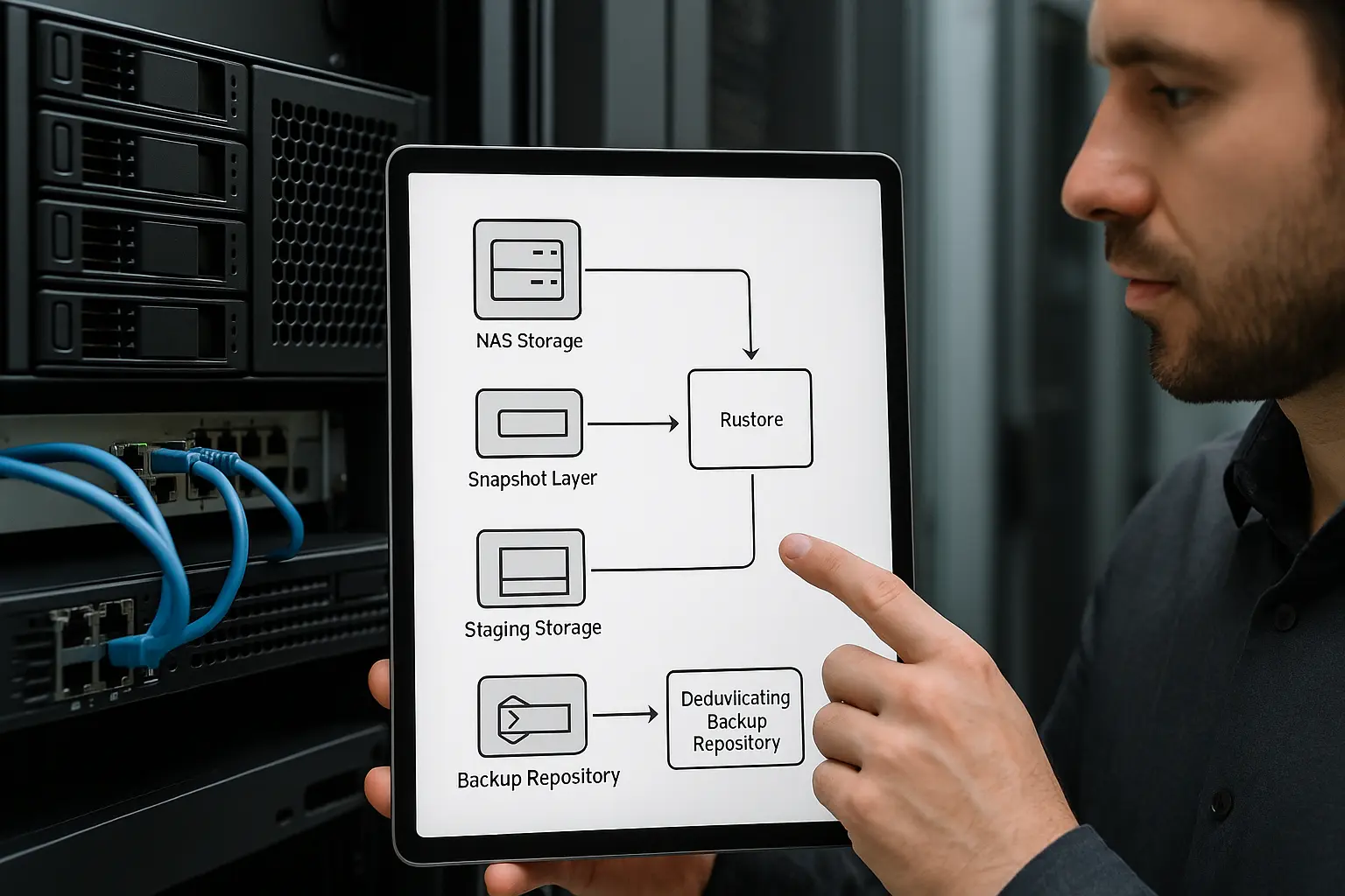Admin zeigt auf textfreies Diagramm einer NAS-Backup-Pipeline mit Snapshot, Staging und deduplizierendem Repository