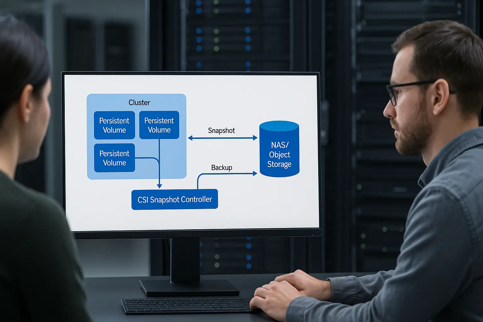 Architekturdiagramm mit Kubernetes-PV, CSI-Snapshots, Backup-Pod/CronJob und externem Objekt-/NAS-Repository