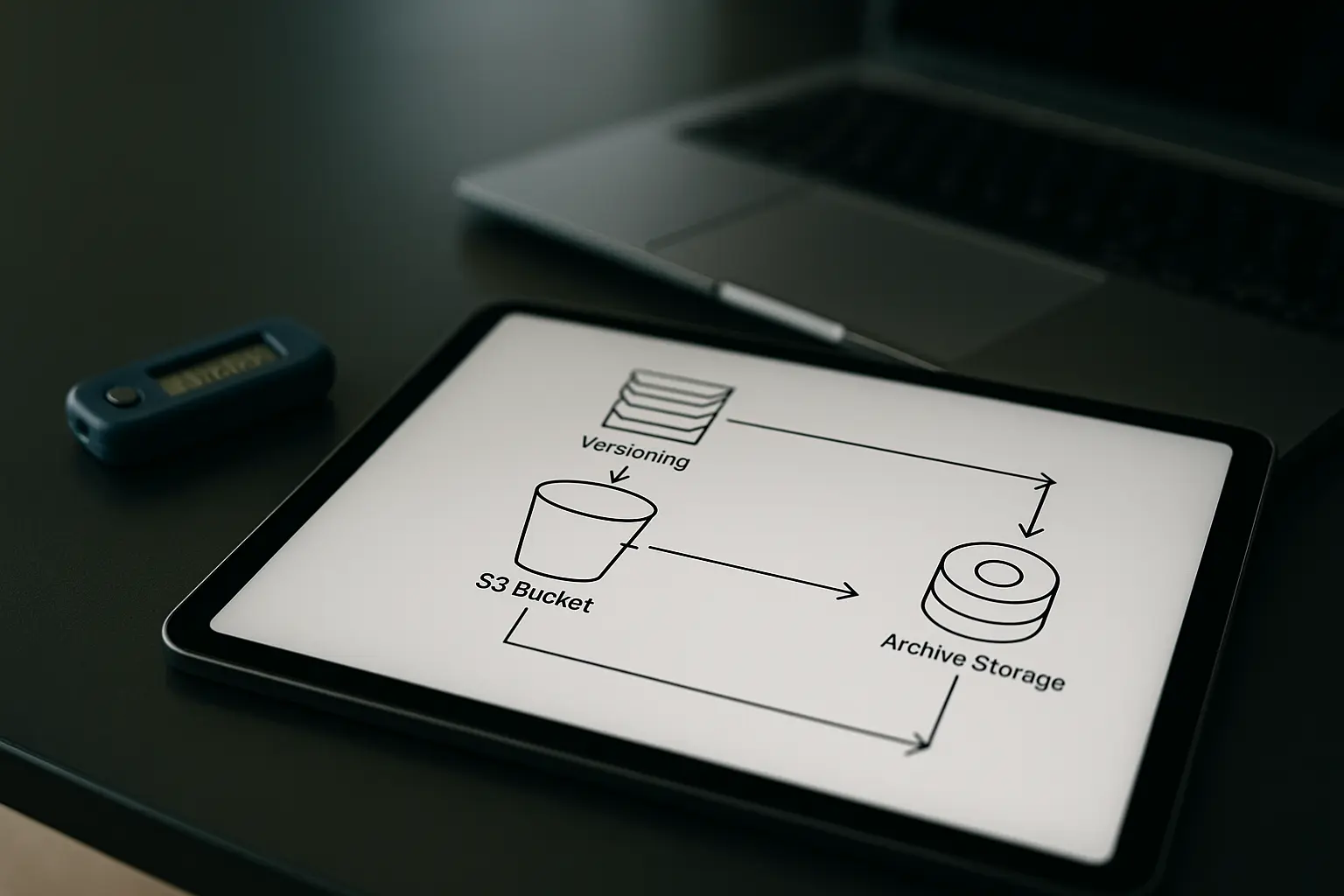 Arbeitsplatzszene mit Diagramm zu S3-Versioning, Lifecycle-Übergängen und Failover-Pfad sowie MFA-Token