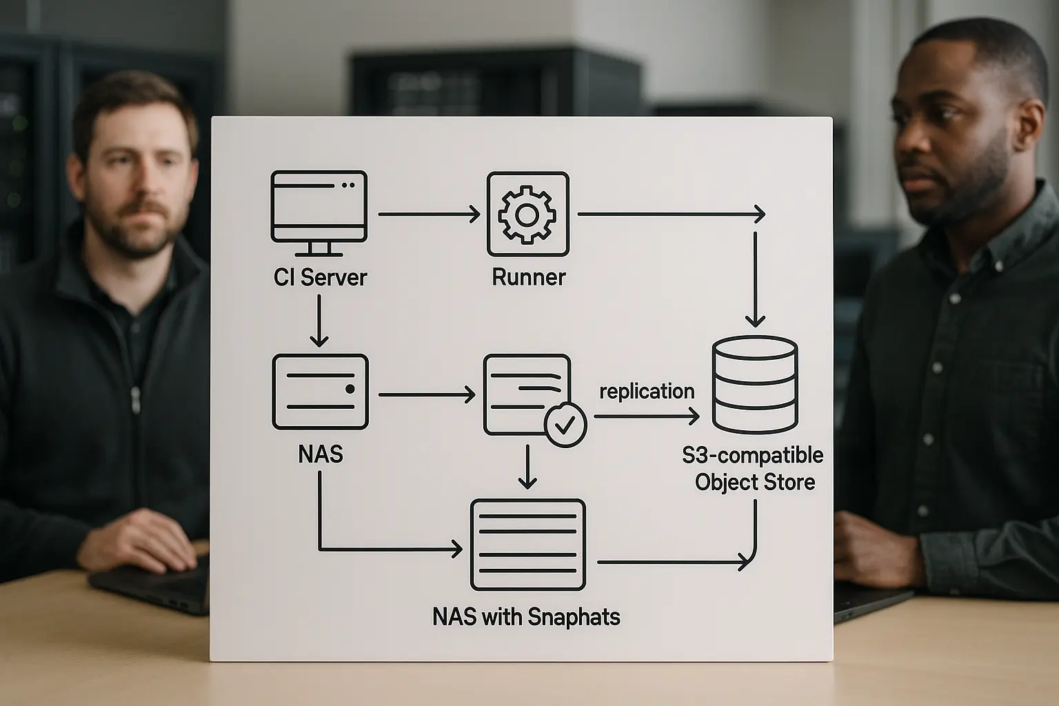 Architekturdiagramm: CI/CD mit Artefakt-Backup auf NAS und Objektstore, Pfeile zeigen Replikation und Rollback-Pfade