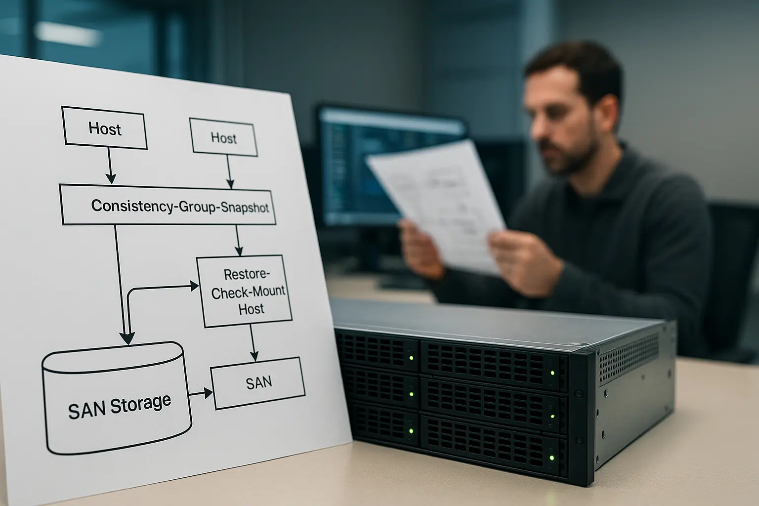 Architekturdiagramm für SAN-Snapshot-Backup mit Consistency Group und Restore-Check-Mount-Host vor Storage-Array
