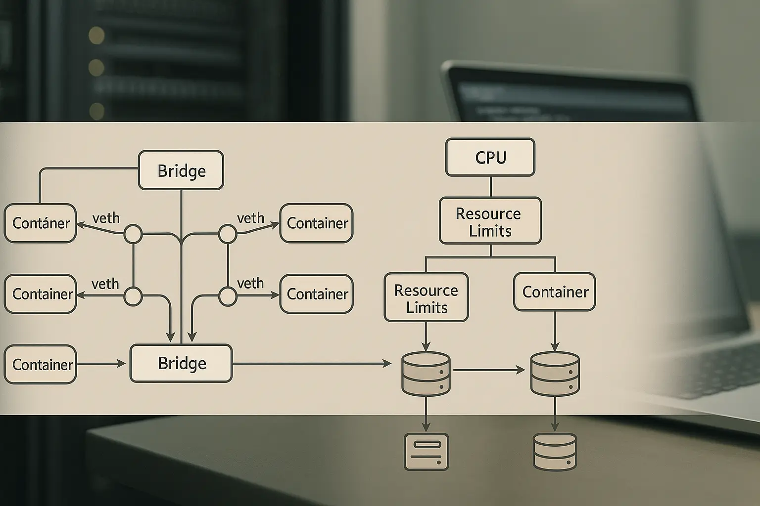 Schematische LXC‑Architektur mit Bridge, veth‑Pairs und cgroups‑Hierarchie