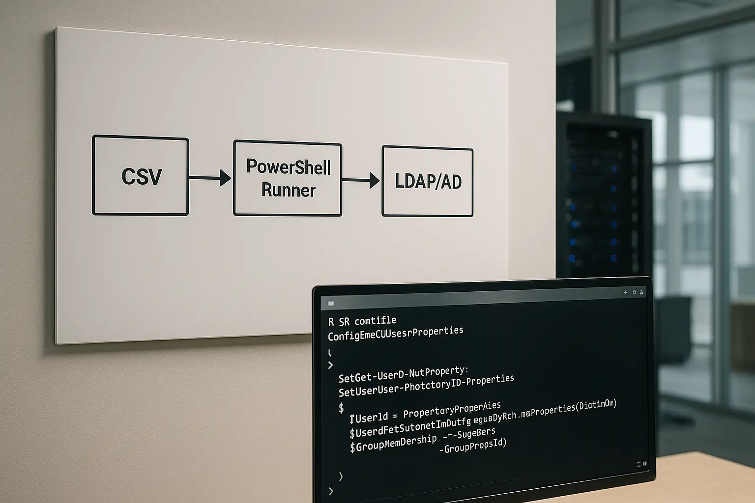 PowerShell-Terminal vor einem Architekturdiagramm, das CSV-Import und AD‑Provisionierung mit Gruppen-Zuweisung zeigt