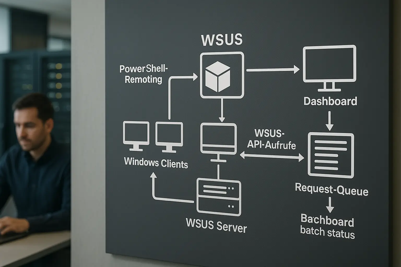 WSUS-Updateflussdiagramm zwischen WSUS-Server, SUSDB und Windows-Clients mit Batch-Status und PowerShell-Orchestrierung