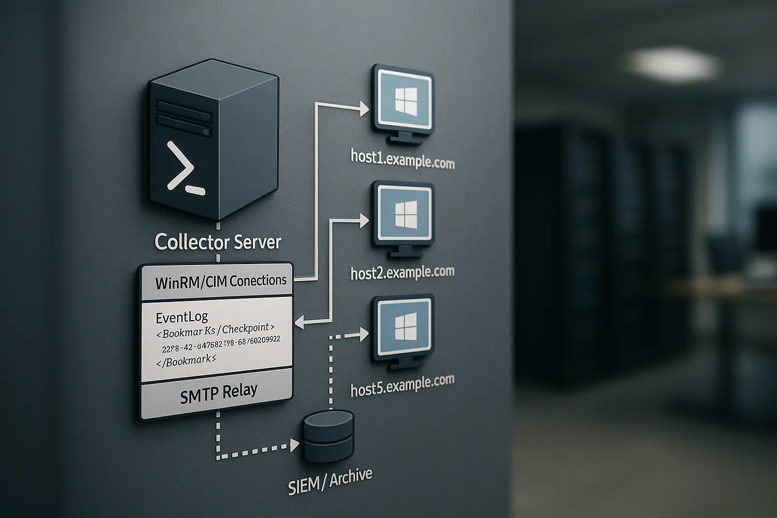 Schematische Architektur eines PowerShell‑Collectors, der per WinRM Eventlogs von Windows‑Hosts abruft und aggregierte...