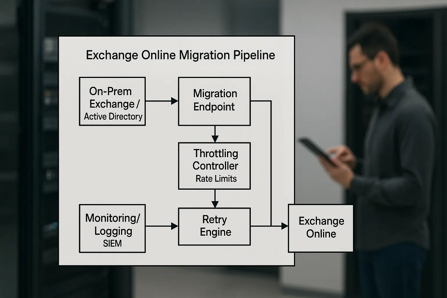 Architekturdiagramm einer Exchange Online-Postfachmigration mit Batch-Queue, Throttling-Controller und Monitoring