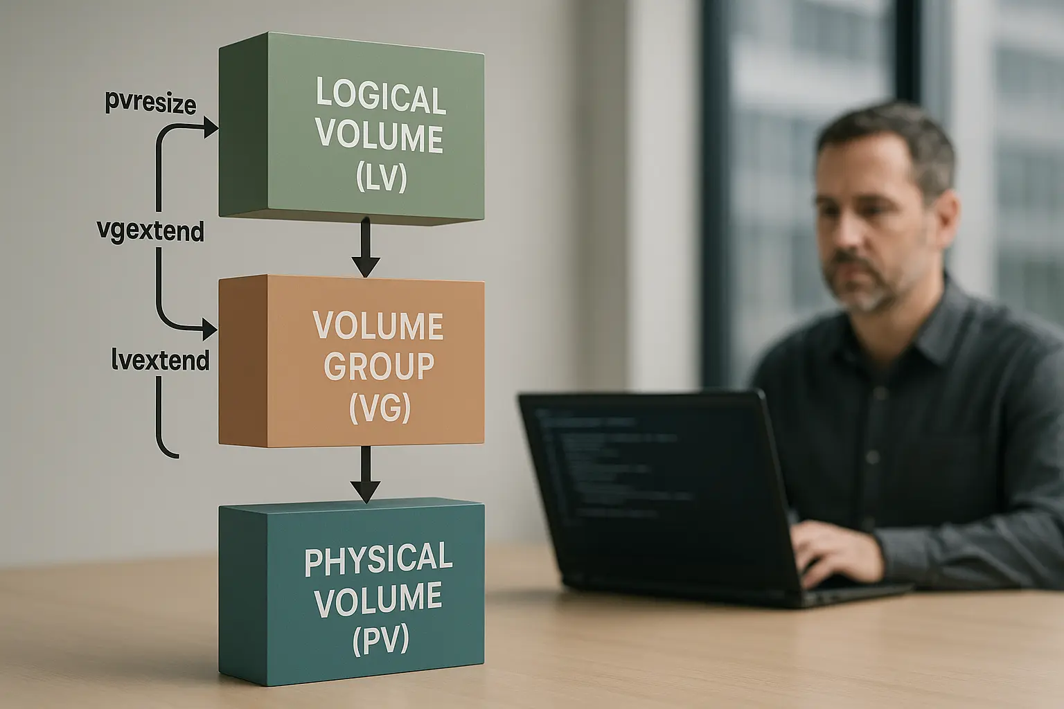 Diagramm der LVM-Ebenen PV → VG → LV mit Pfeilen zu pvresize, vgextend, lvextend und xfs_growfs