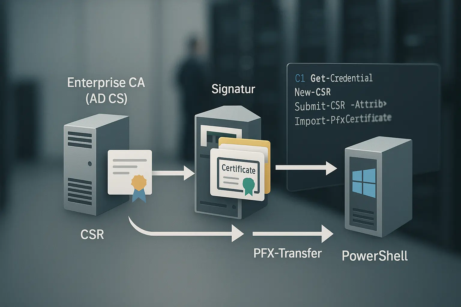 Architekturdiagramm: PKI (AD CS) signiert CSR, PowerShell‑Workflow verteilt Zertifikate in LocalMachine Store auf...