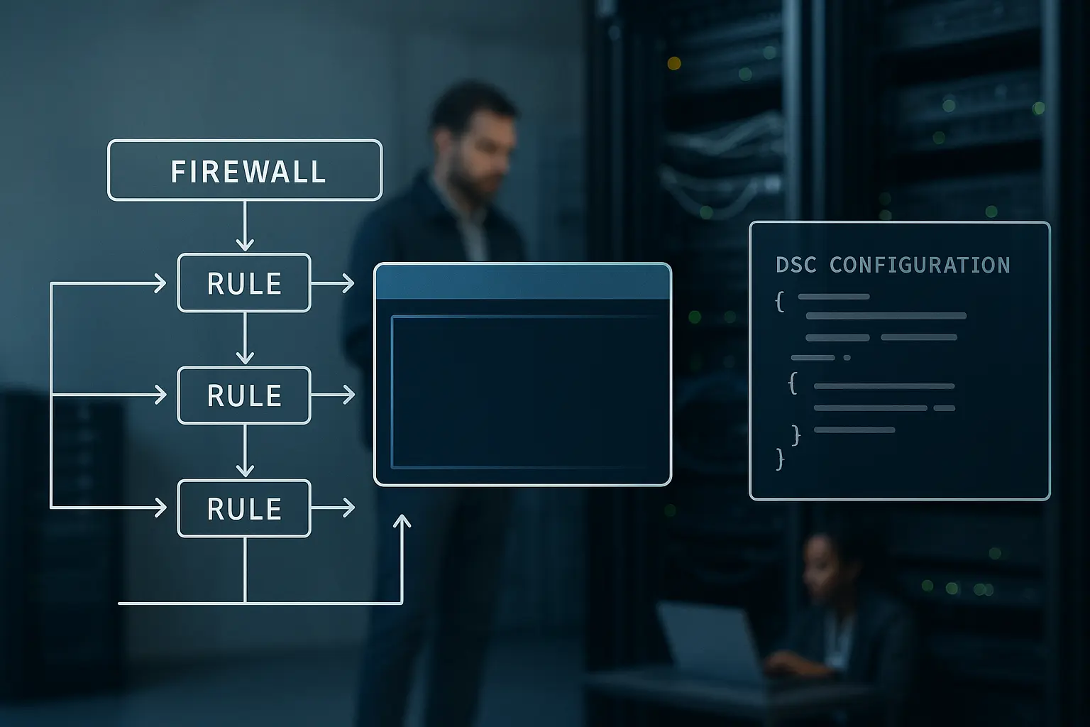 Architekturdiagramm mit Firewall-Regelblöcken, PowerShell-Terminal und DSC-Konfigurationsblock