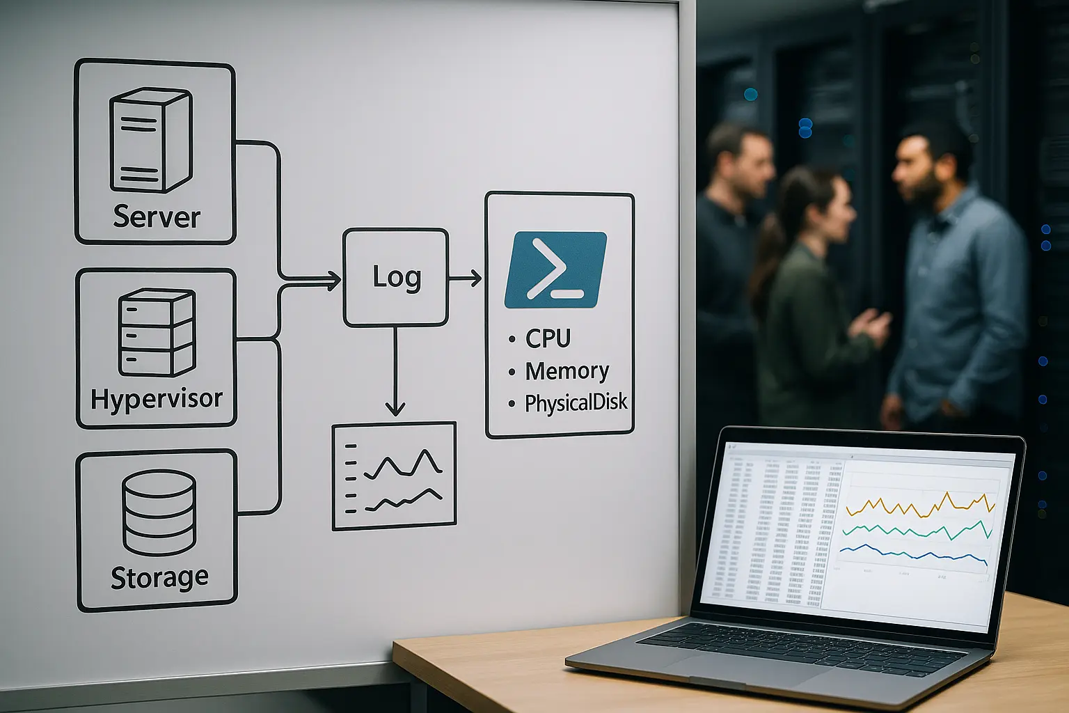 Architekturdiagramm: PowerShell sammelt Performance-Counter und schreibt Zeitreihen für CPU, RAM und Disk in zentrale Logs