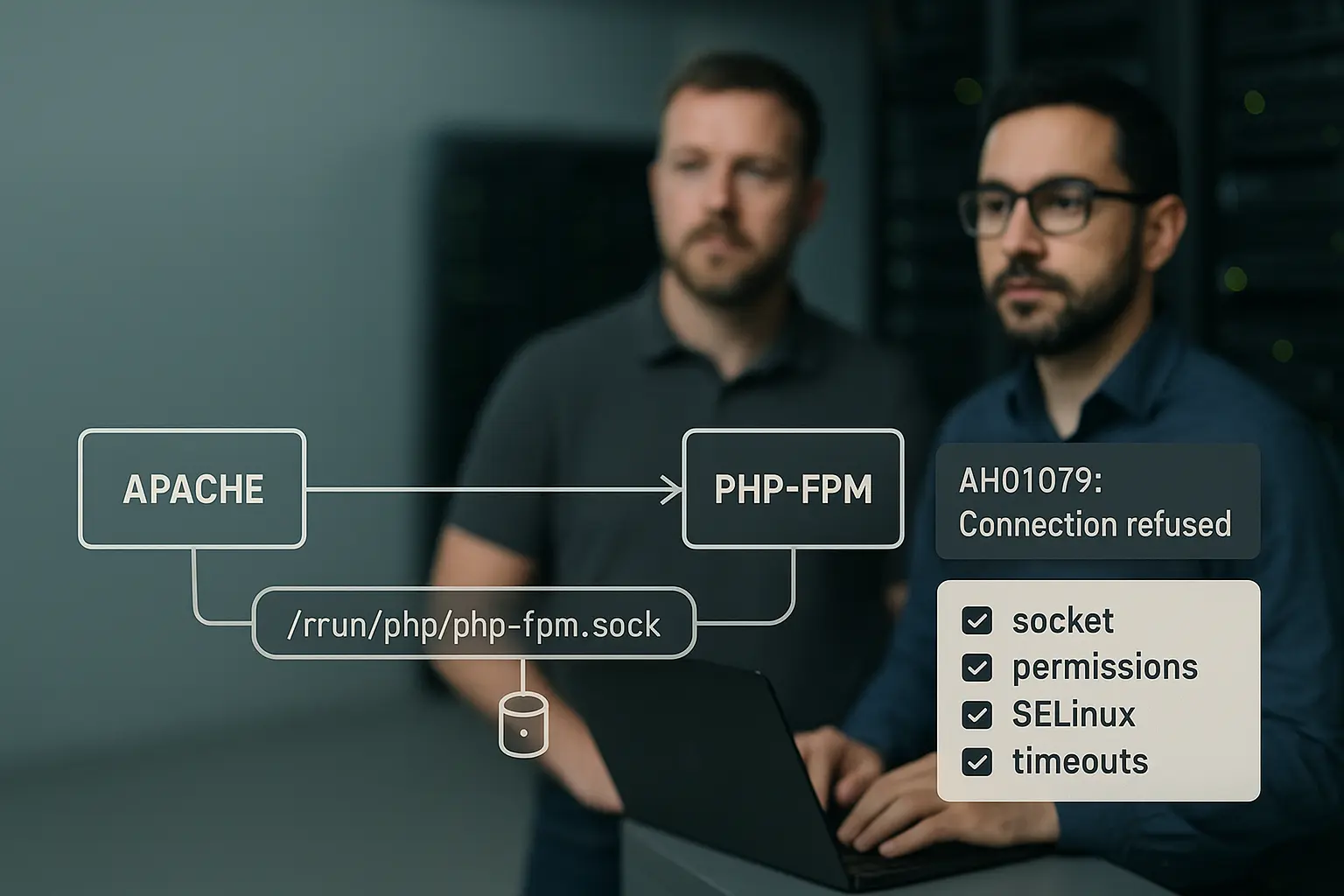 Architekturdiagramm: Apache über Unix-Socket verbunden mit PHP-FPM, ergänzt durch Logauszug mit AH01079 und Prüfliste