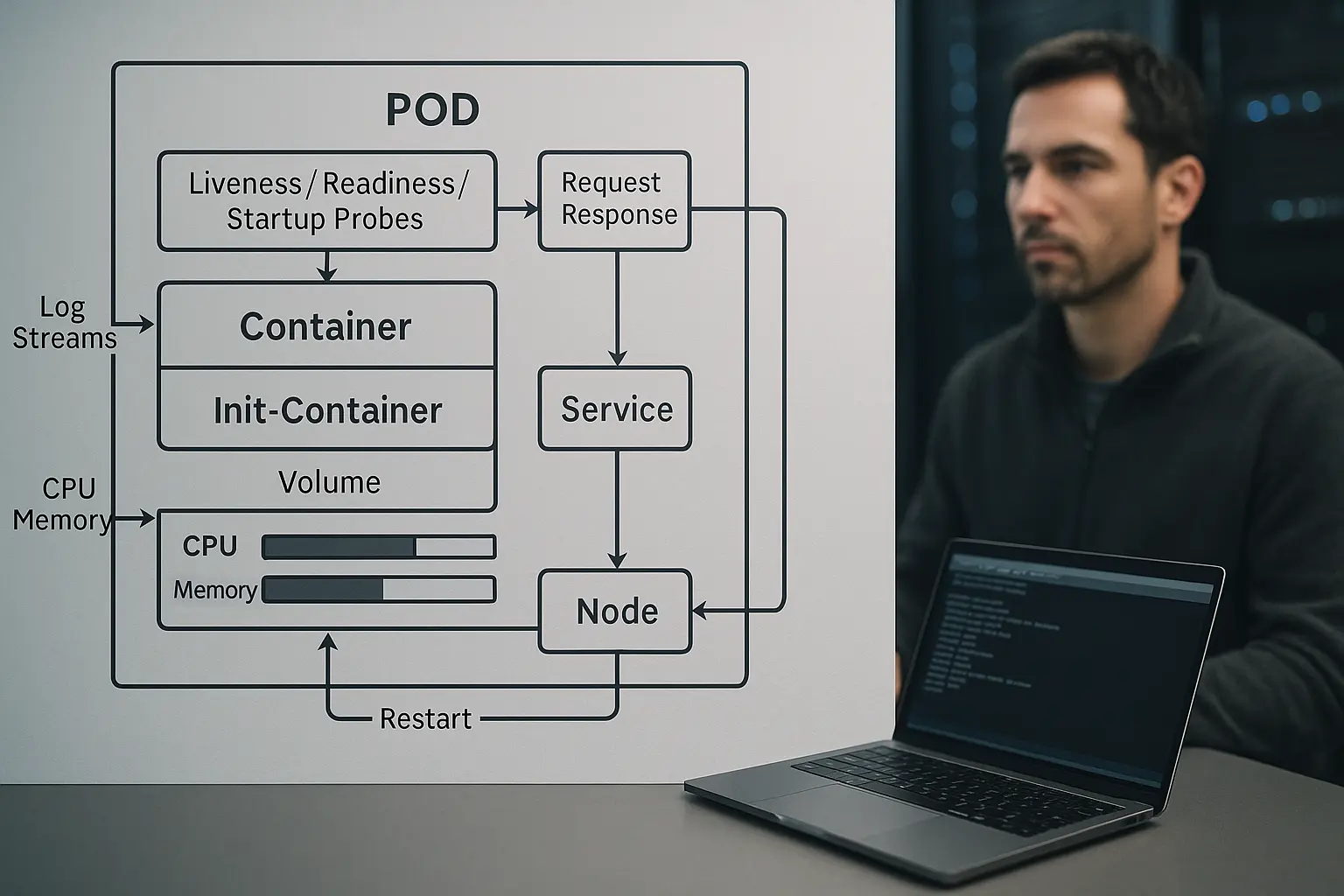 Diagramm eines Kubernetes‑Pods mit markierten Probes, Log‑Streams und CPU/Memory‑Balken zur Fehleranalyse