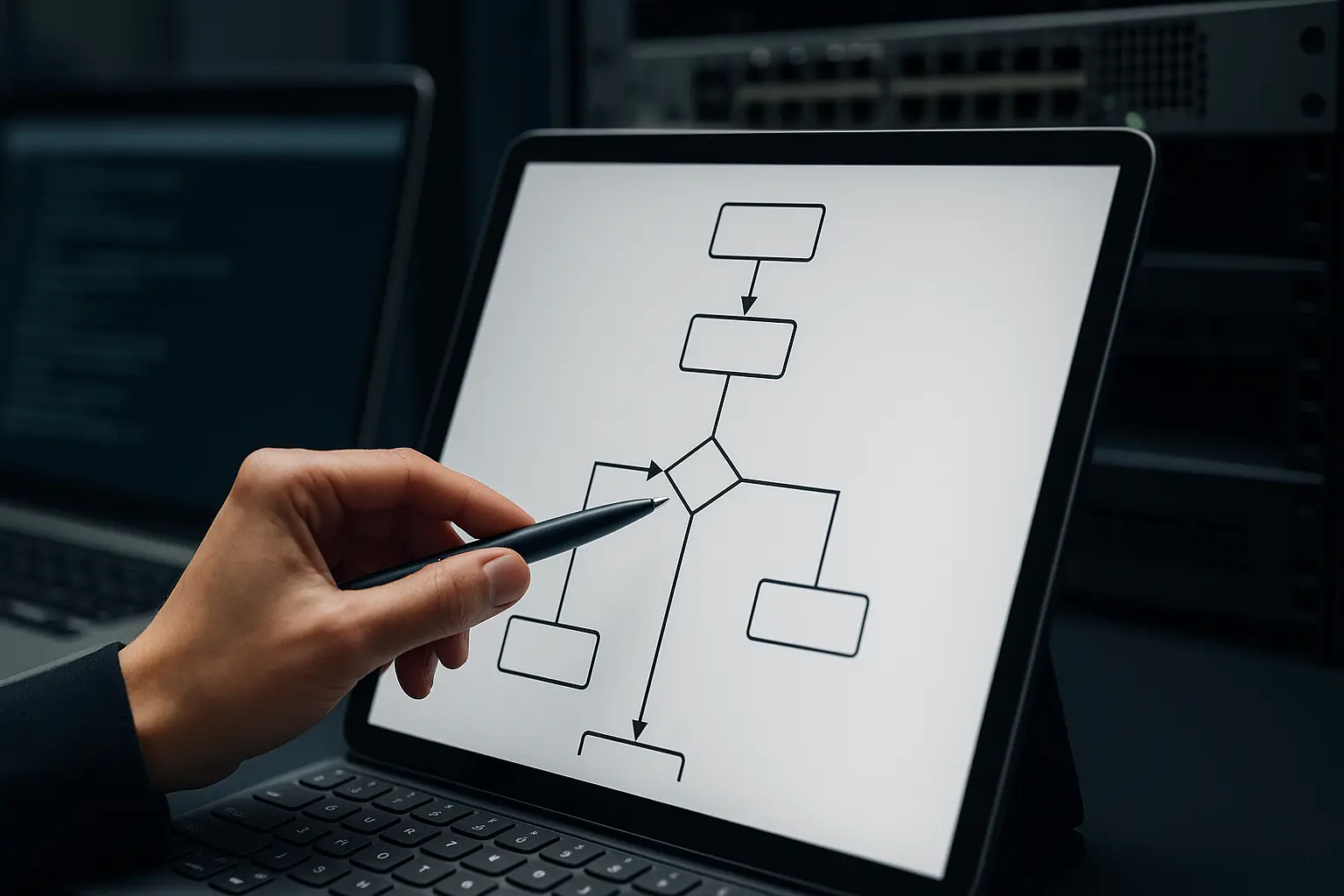 Operator analysiert ein textfreies TLS-Handshake-Diagramm neben Laptop und Netzwerktechnik, um Zertifikatskette und...