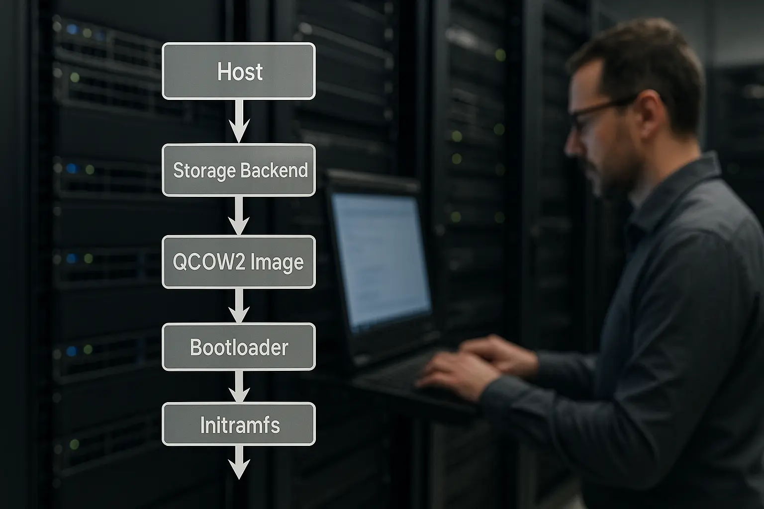 Architekturdiagramm des VM‑Bootpfads von KVM/QEMU zu Storage, Bootloader und Kernel