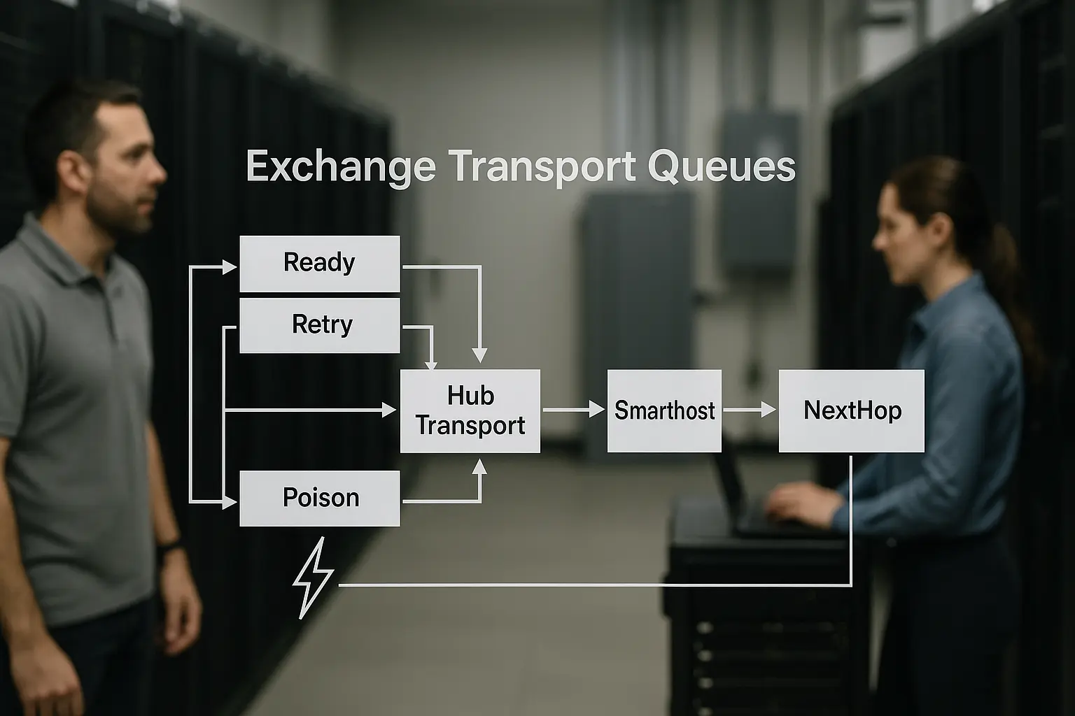 Diagramm des Exchange-Transport-Queue-Flows mit markierten Retry- und Poison-Queues in einem IT-Betriebskontext