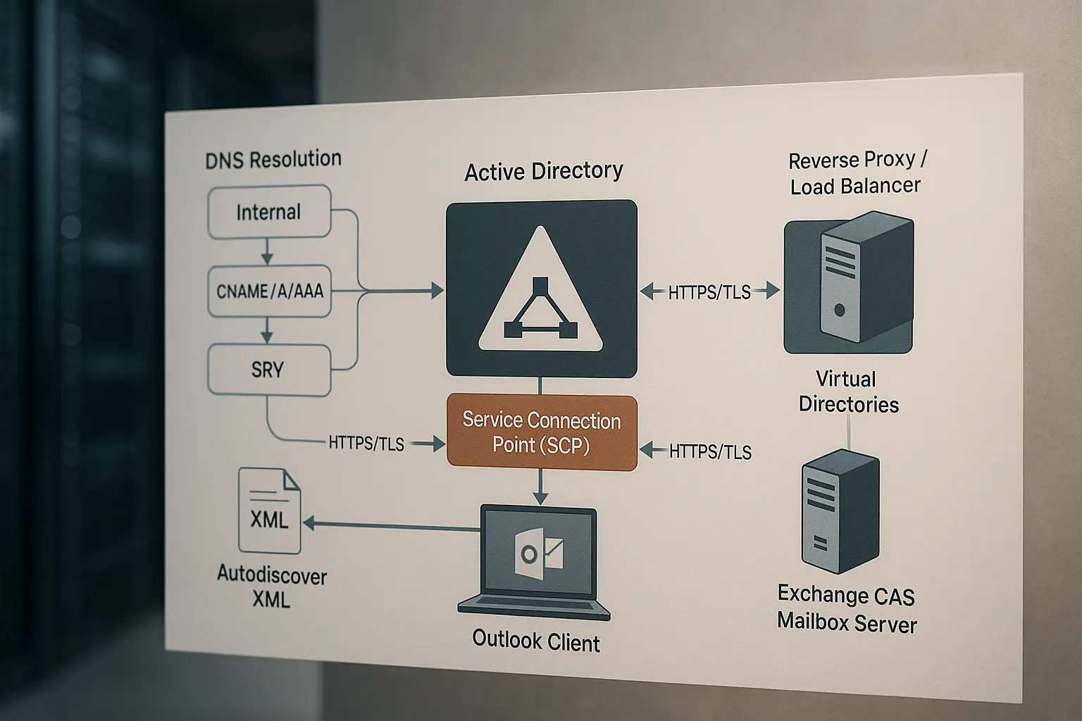 Architekturdiagramm des Autodiscover-Datenflusses zwischen DNS, Active Directory (SCP), Reverse Proxy und Exchange-Endpoints