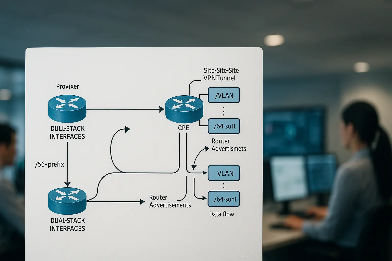 Diagramm mit IPv6 Prefix Delegation, Dual‑Stack Routern und Site‑to‑Site VPN‑Tunnel
