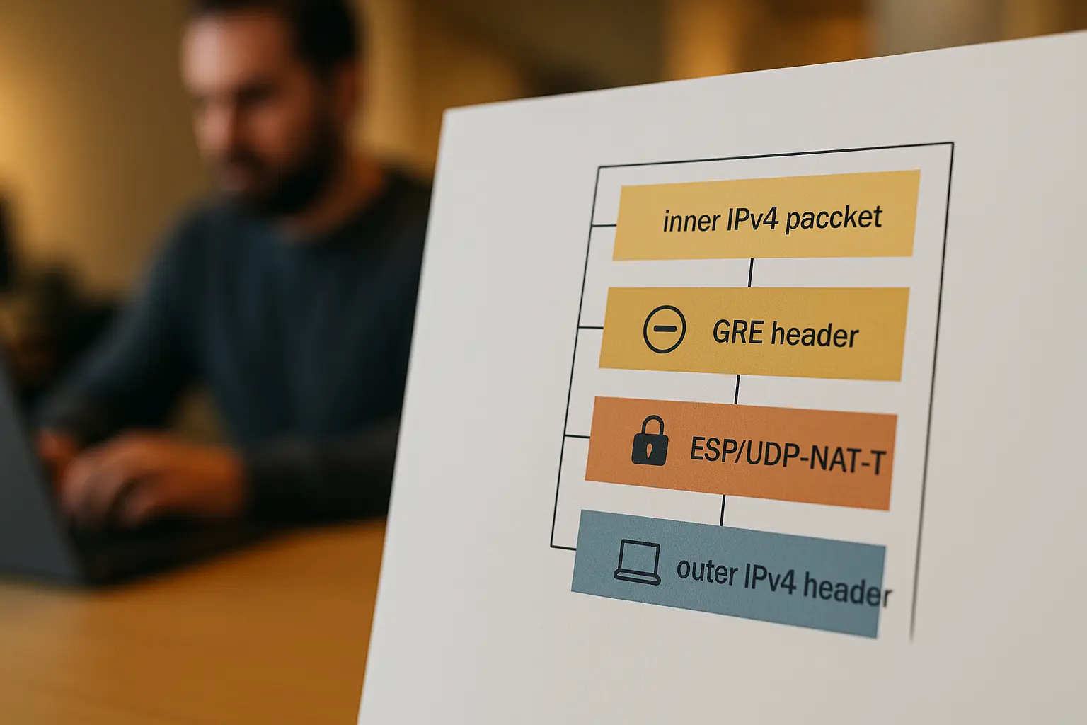 Diagramm zur Paketkapselung bei GRE über IPsec mit hervorgehobenem MTU‑Overhead