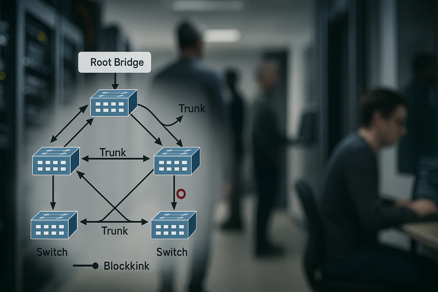 Topologievisualisierung eines Switch‑Stacks mit markierter Root‑Bridge und blockiertem Link im Betriebsumfeld