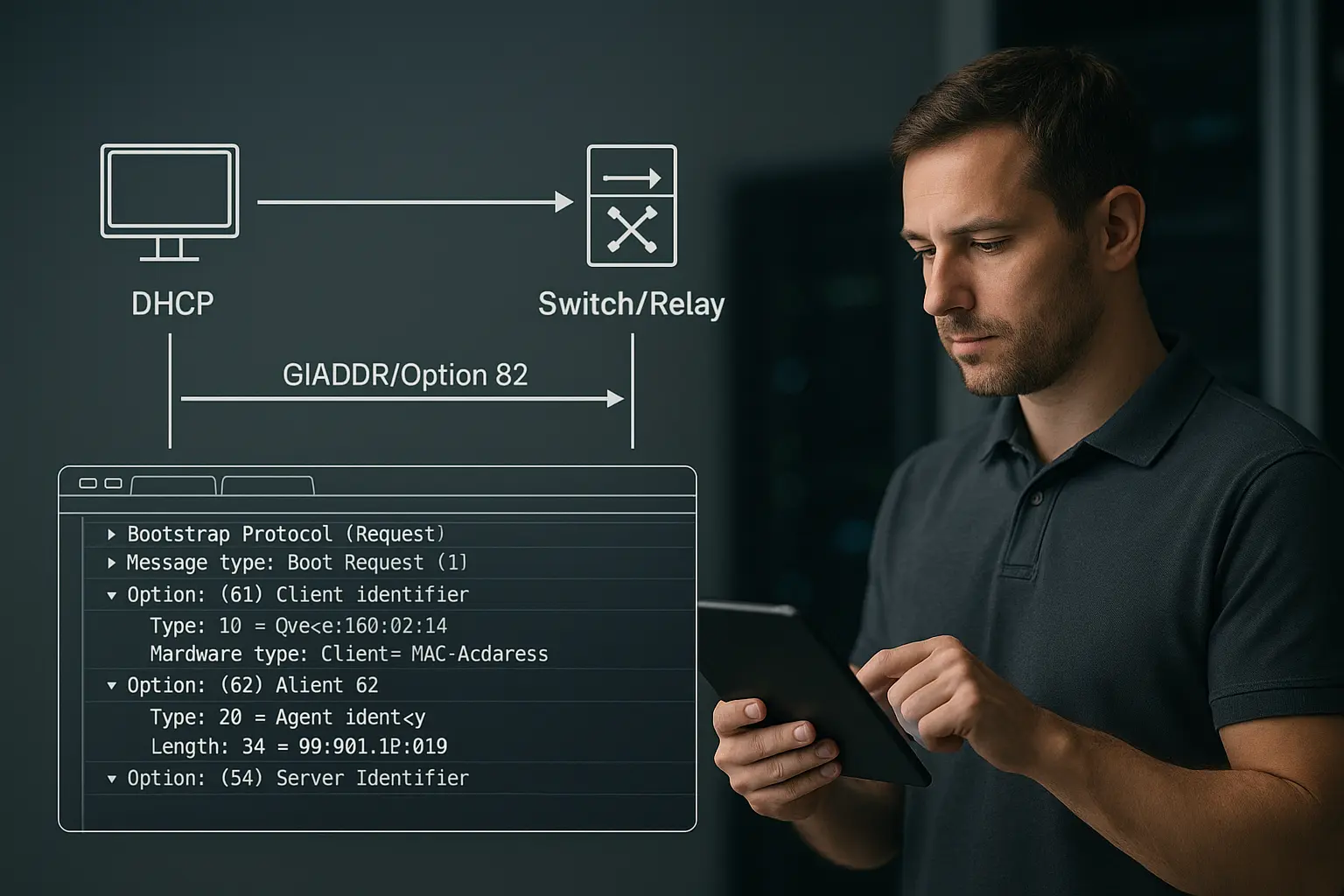 Diagramm des DHCP-Datenflusses mit Relay (GIADDR), Option 82 und Packet-Capture-Auszug zur Analyse von Reservierungs- und...