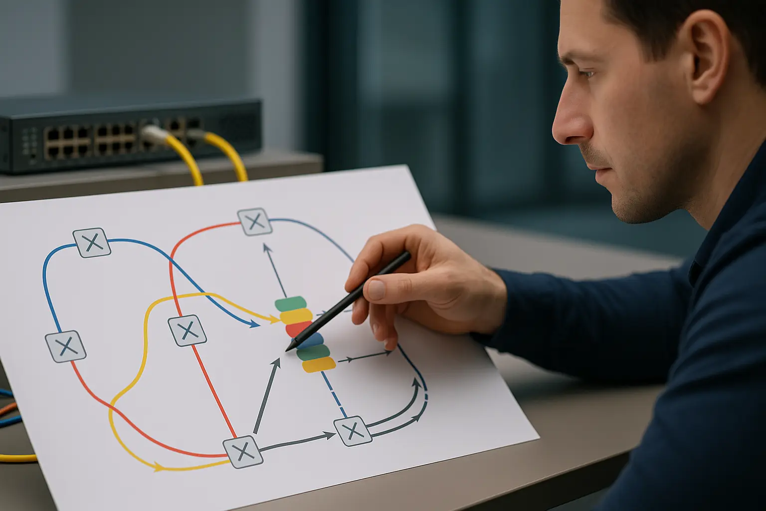 Operator analysiert MPLS-LSP-Pfad und Label-Stack auf einem Netzwerk-Architekturdiagramm neben Router-Hardware