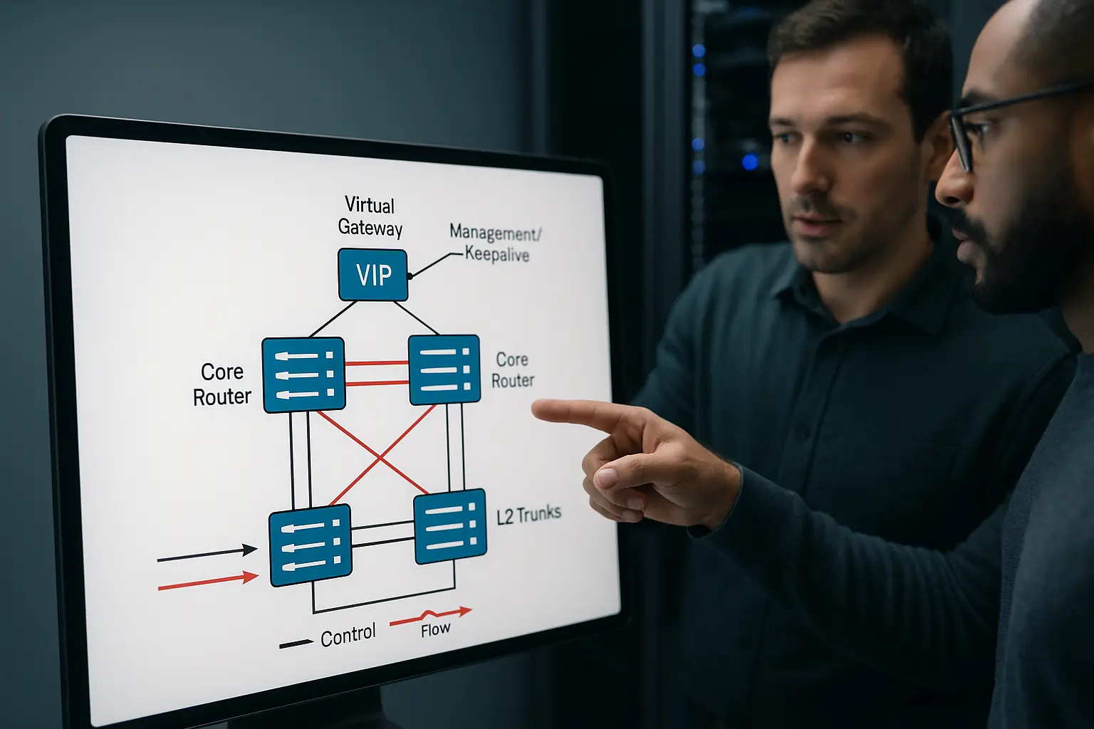 Architekturdiagramm zweier redundanter Core‑Router mit virtuellem Gateway, virtuellen MACs, L2‑Trunks und separatem...