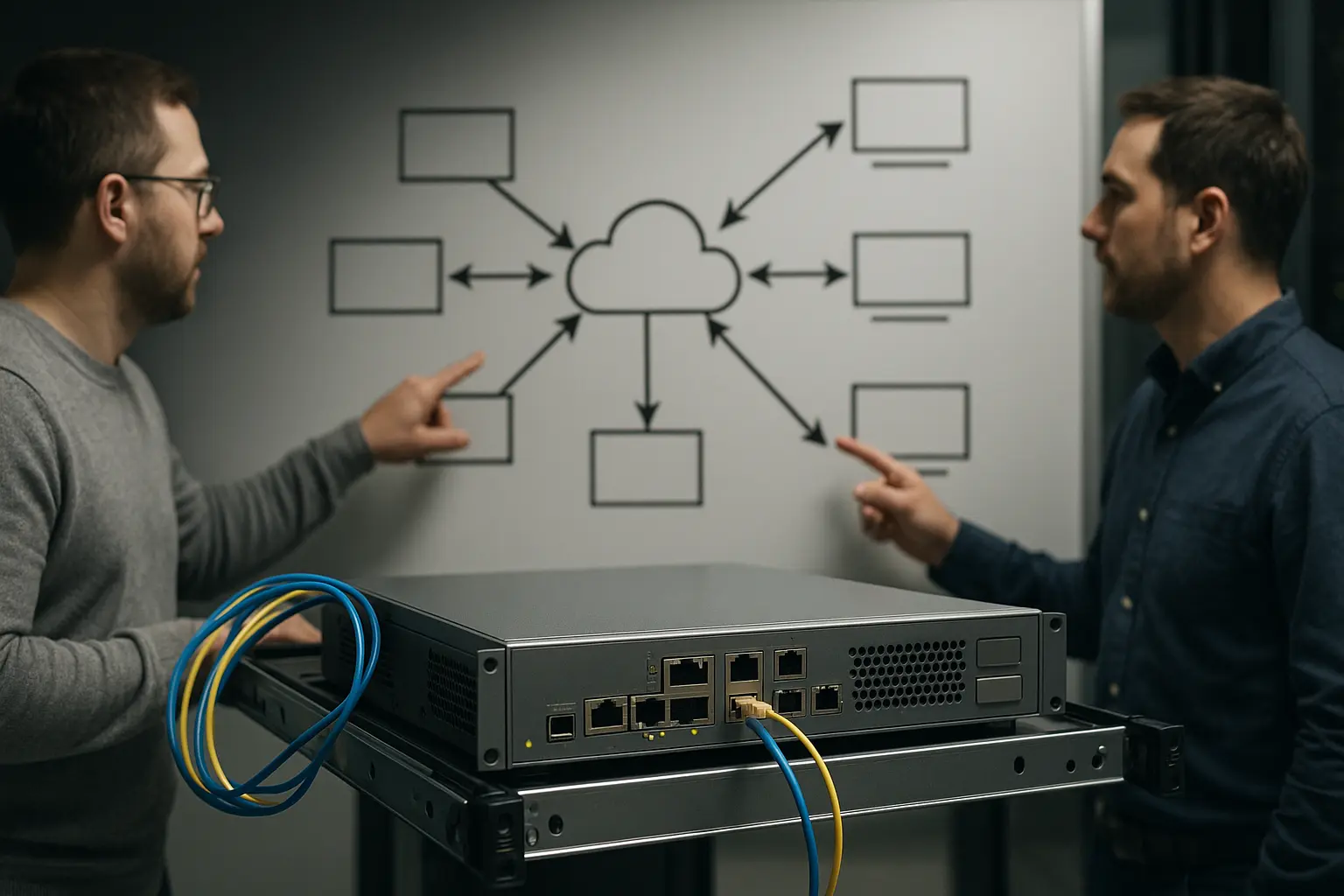 Admins prüfen eine Netzwerk-Topologie für VPN und dedizierte Cloud-Anbindung an einem Router im Rechenzentrum
