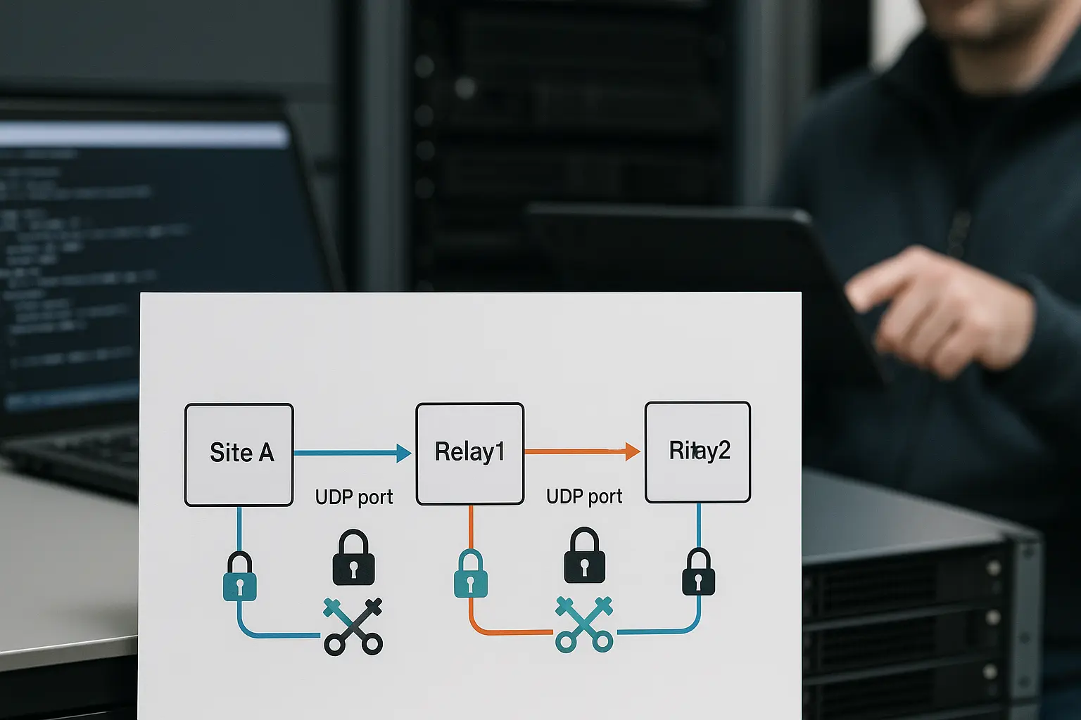Architekturdiagramm einer WireGuard Multi‑Hop‑Topologie mit Ansible‑Automatisierung und Schlüsselpaaren