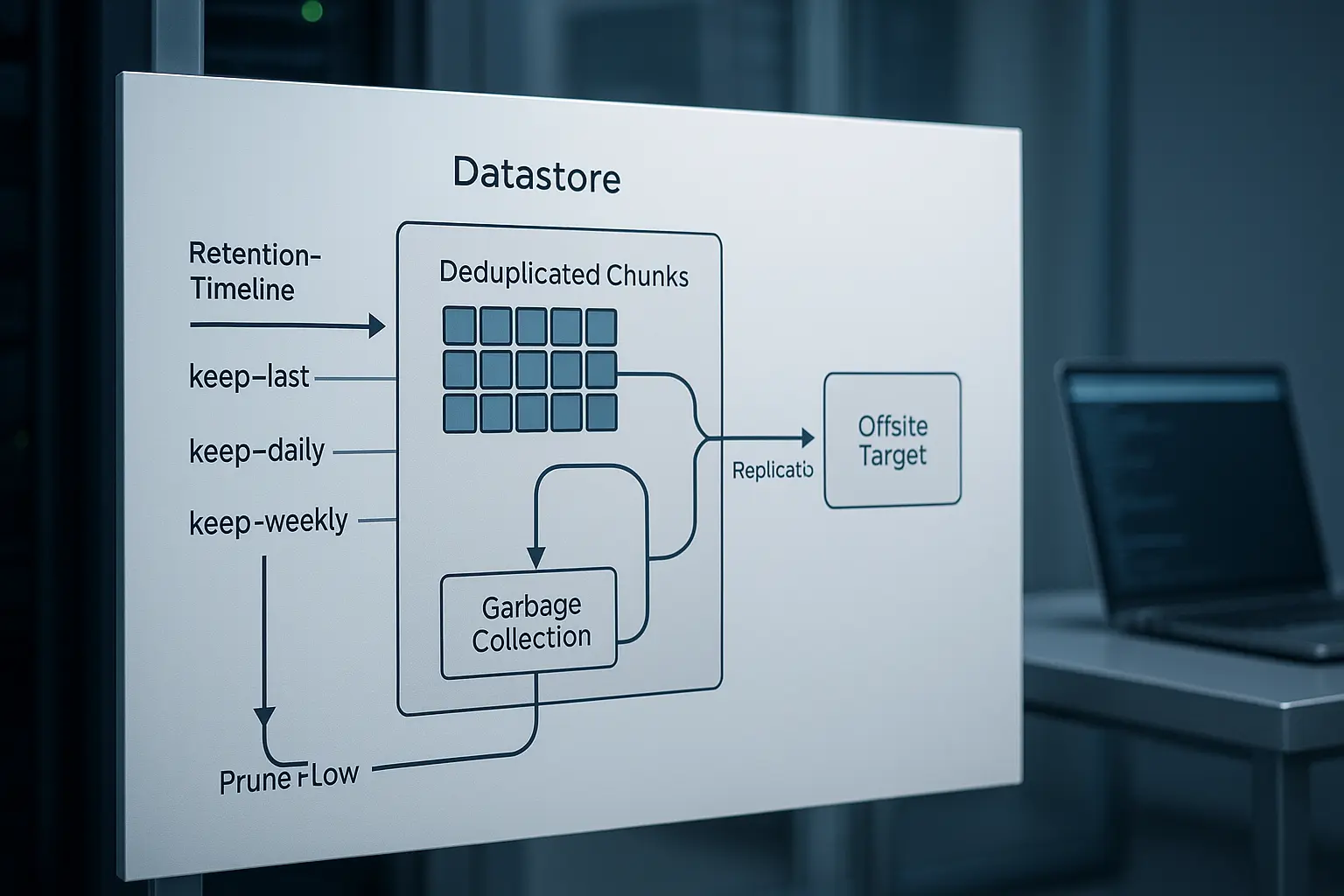 Architekturdiagramm eines Proxmox Backup Server Datastores mit Retention‑Timeline, Prune‑ und Garbage‑Collection‑Flows