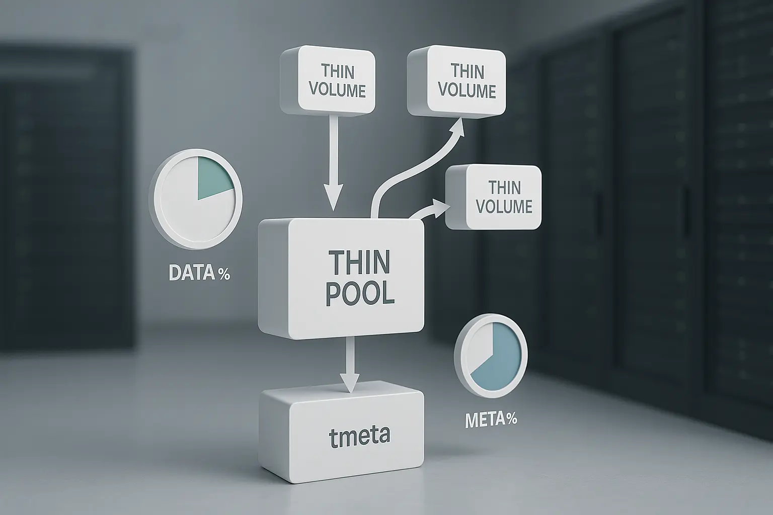 Technische Visualisierung eines LVM‑Thin‑Pools mit getrennten Metadaten und Füllstandsanzeigen