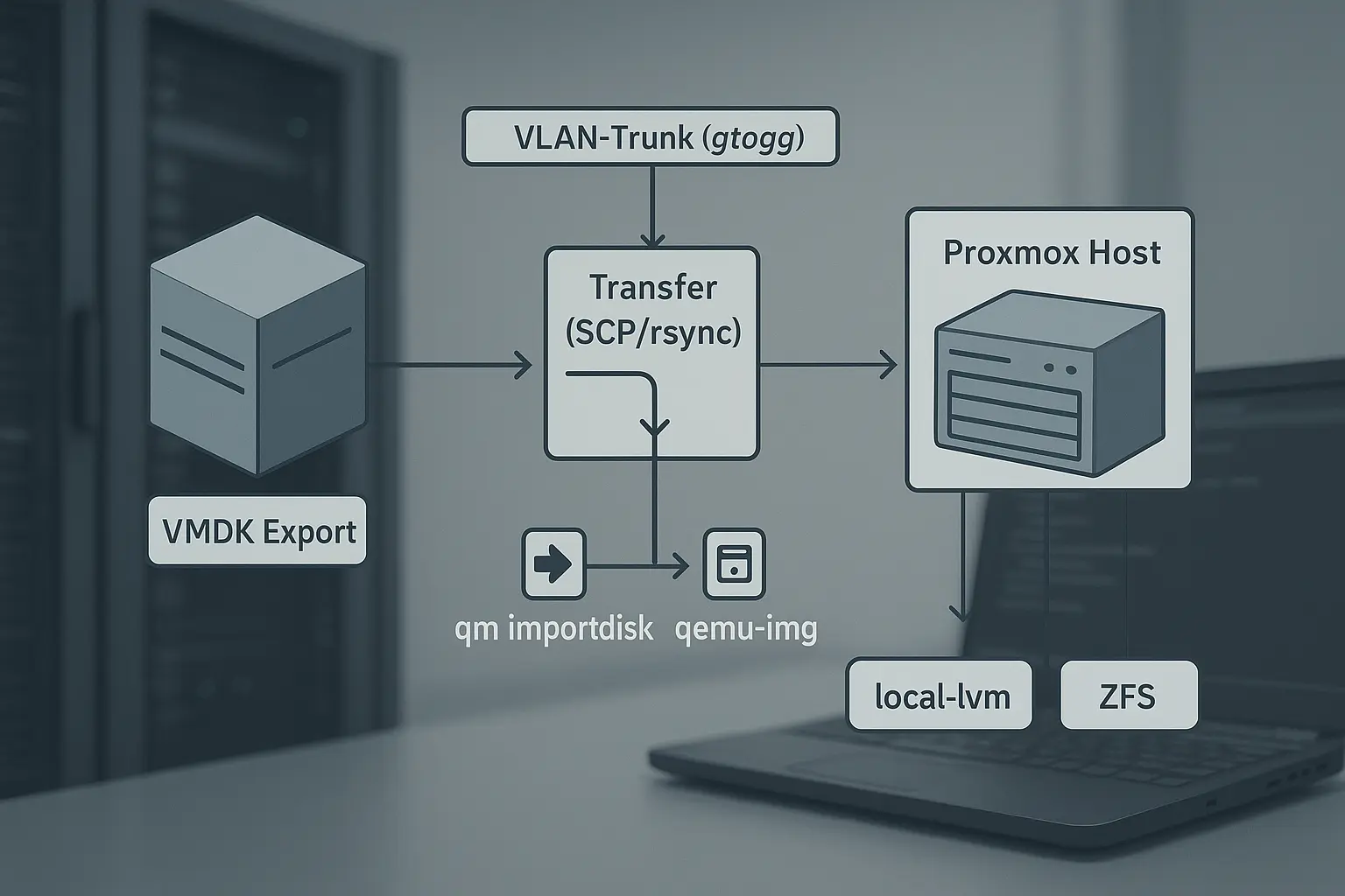Diagramm der VMDK‑Konvertierungspipeline zu Proxmox mit VLAN‑Trunk und Bridge‑Mapping