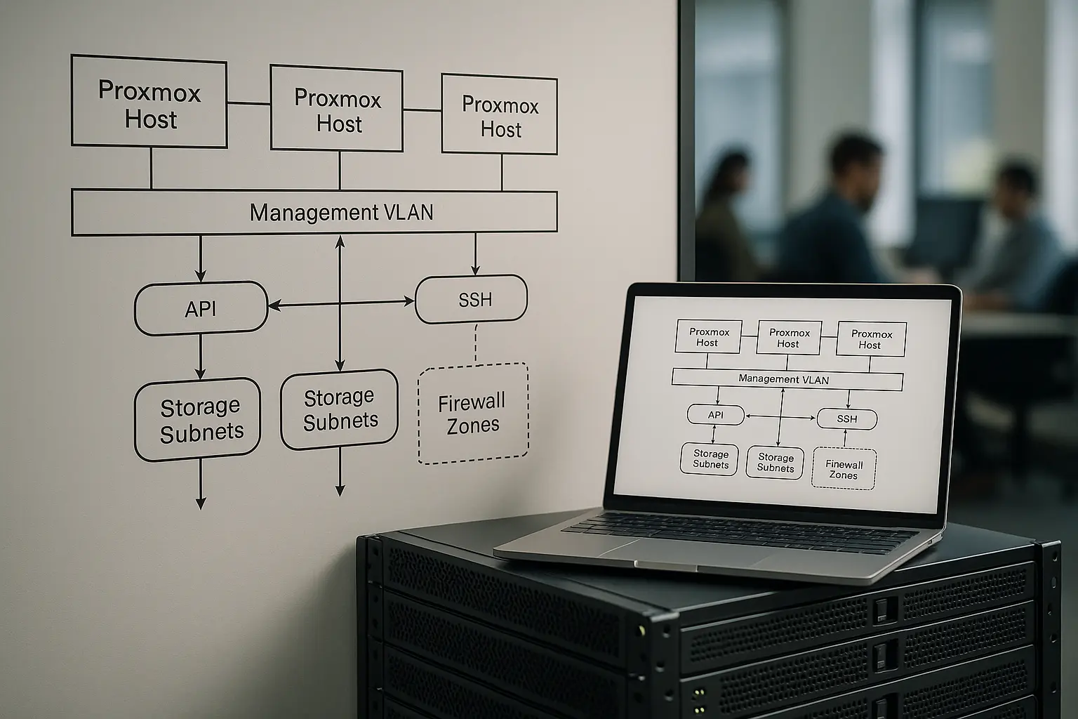Architekturdiagramm mit segmentiertem Management‑Netz, Proxmox‑Hosts und Firewall‑Zonen vor Rack‑Hardware
