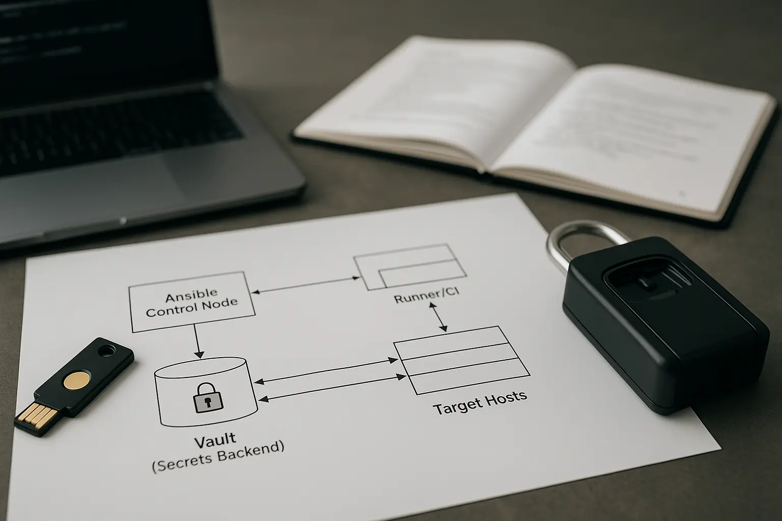 Architekturdiagramm mit Ansible Control Node, Vault und Runner sowie einem USB‑Security‑Token