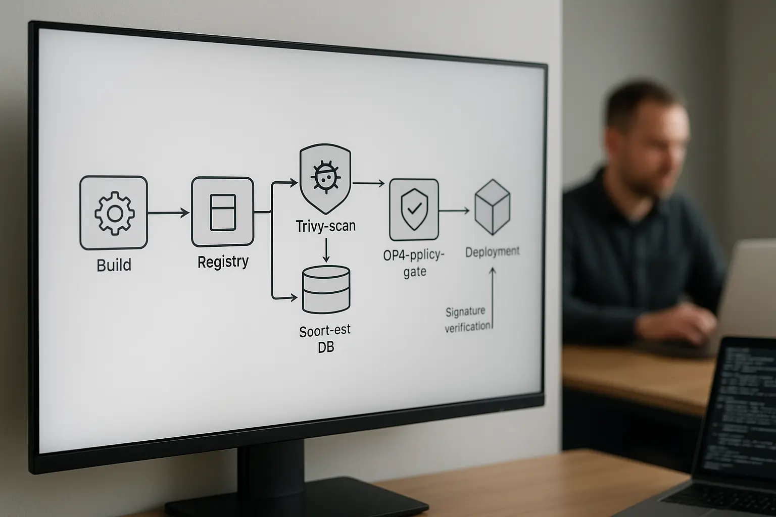 CI/CD-Architekturdiagramm mit Trivy-, Clair- und OPA-Integrationen zur Image-Prüfung
