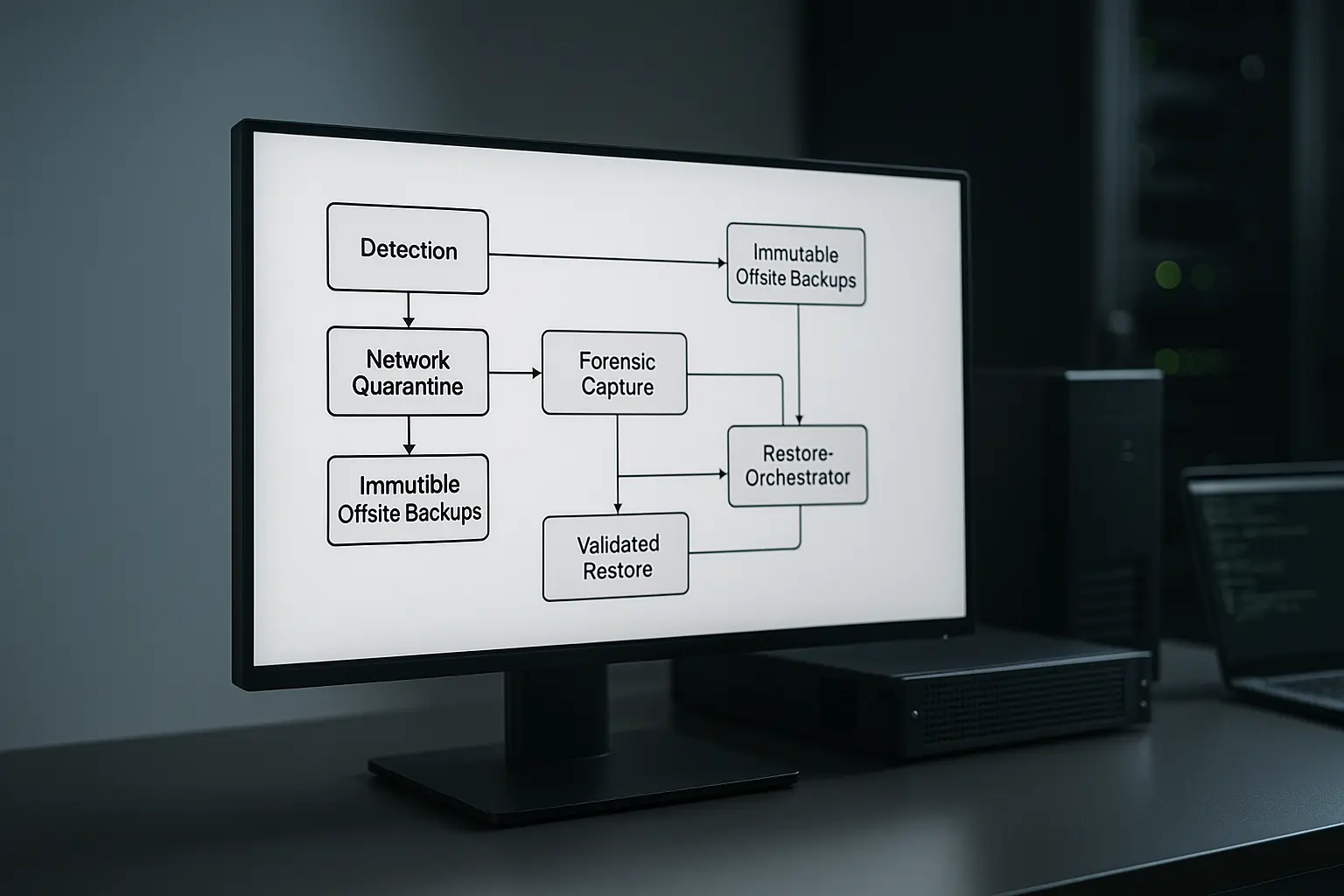 Architekturdiagramm eines Ransomware-Recovery-Workflows auf einem Monitor mit Forensic-Host und Backup-Storage