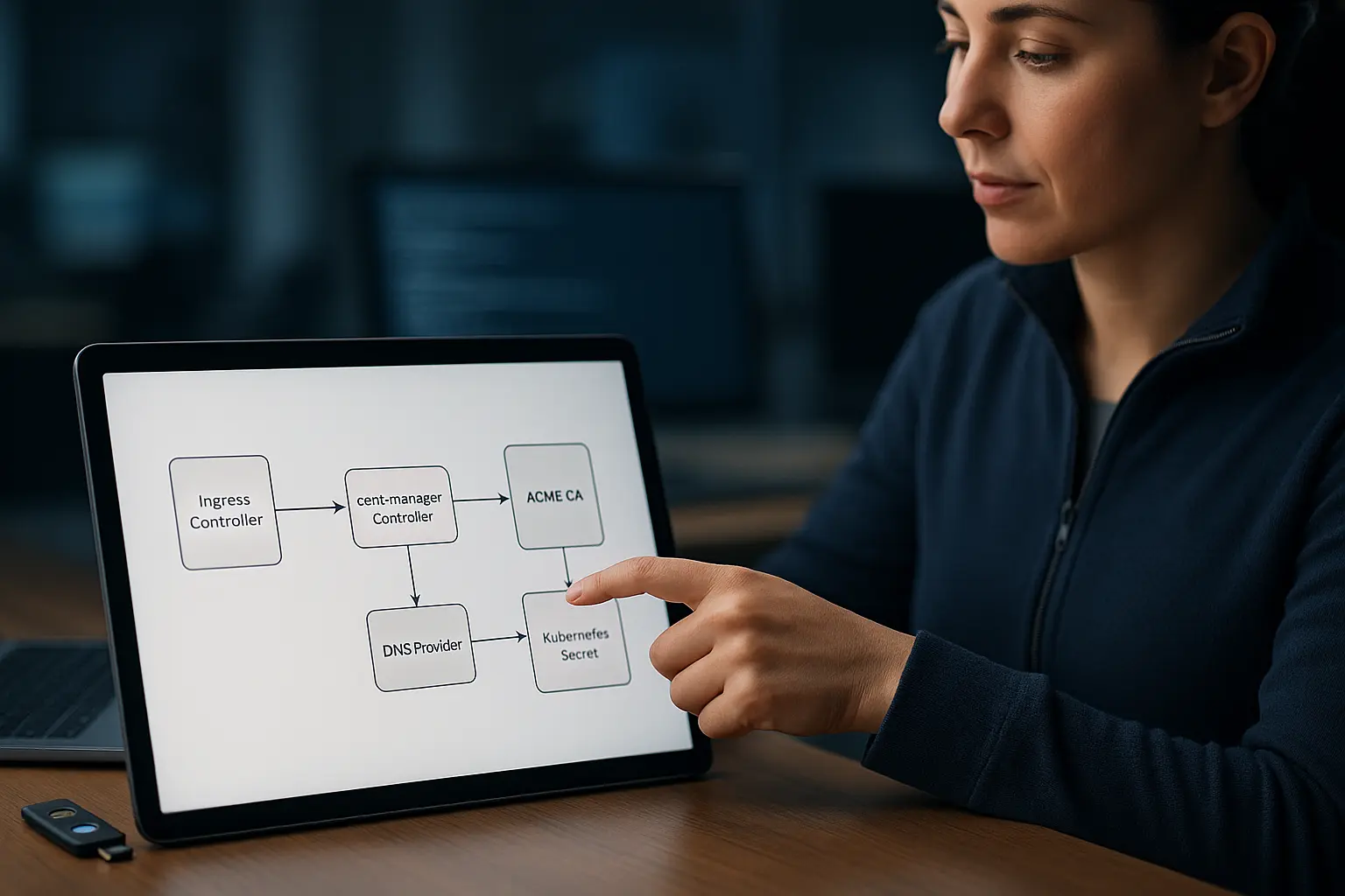 IT-Operatorin zeigt auf ein Architekturdiagramm zum ACME-Zertifikatsfluss mit cert-manager, Ingress und Kubernetes Secrets.