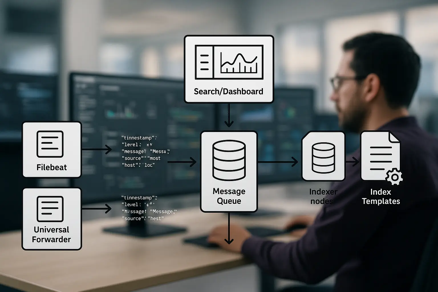 SIEM‑Datenflussdiagramm mit Agenten, Queue, Indexern und Dashboard als B2B‑Editorial‑Motiv