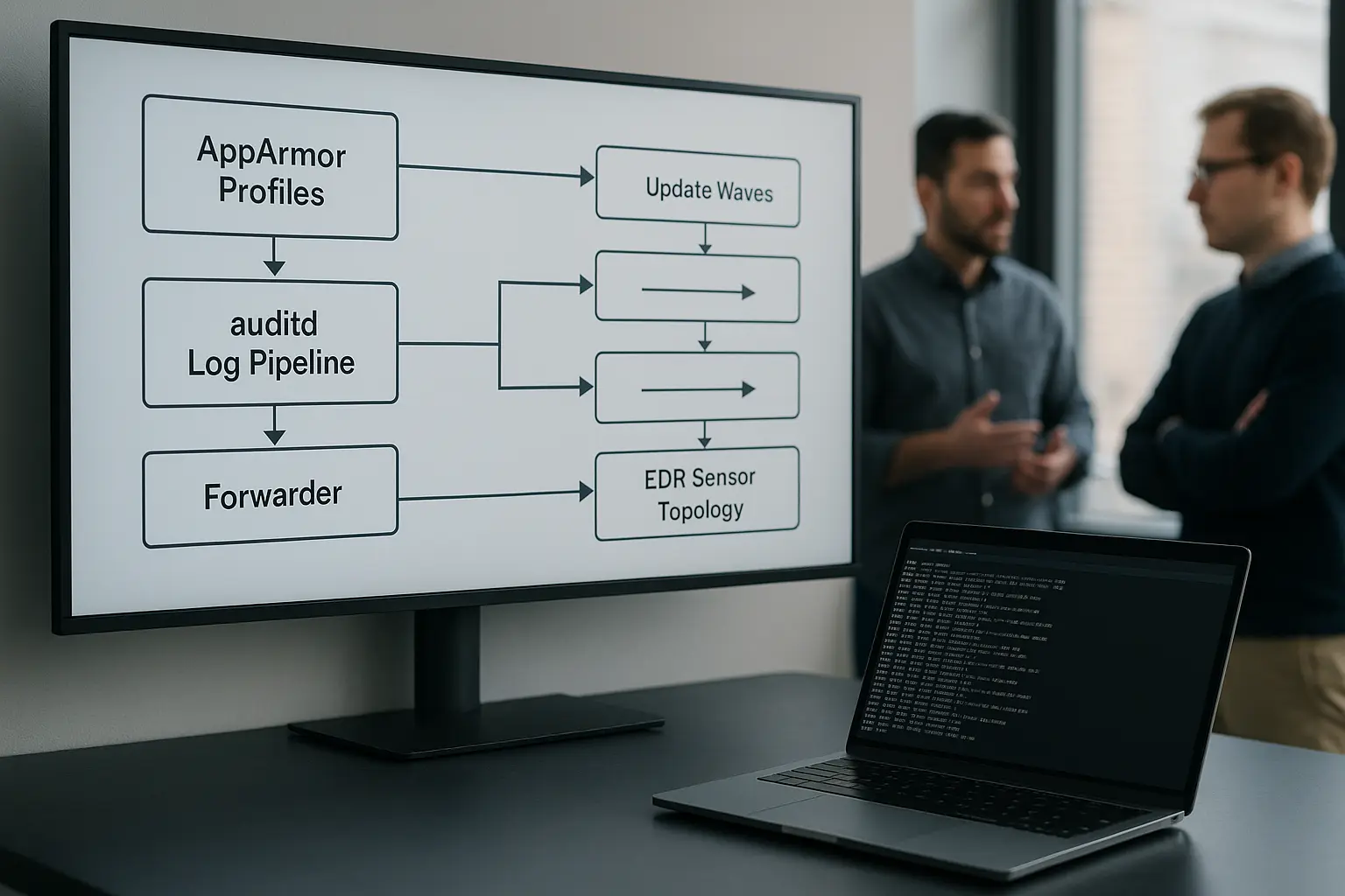 Architekturdiagramm mit Blöcken: AppArmor-Profile, auditd-Forwarding, Update-Wellen und EDR-Sensor-Topologie