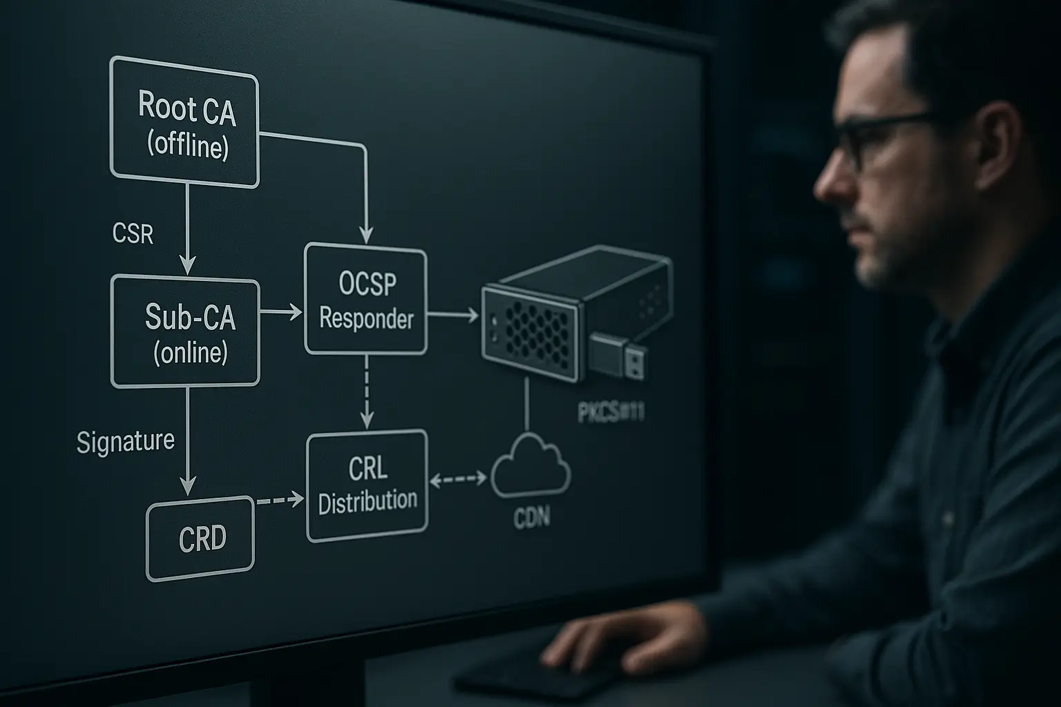 Technisches Diagramm einer privaten PKI mit Root‑CA, Sub‑CA, OCSP‑Responder und sichtbarem HSM‑Modul