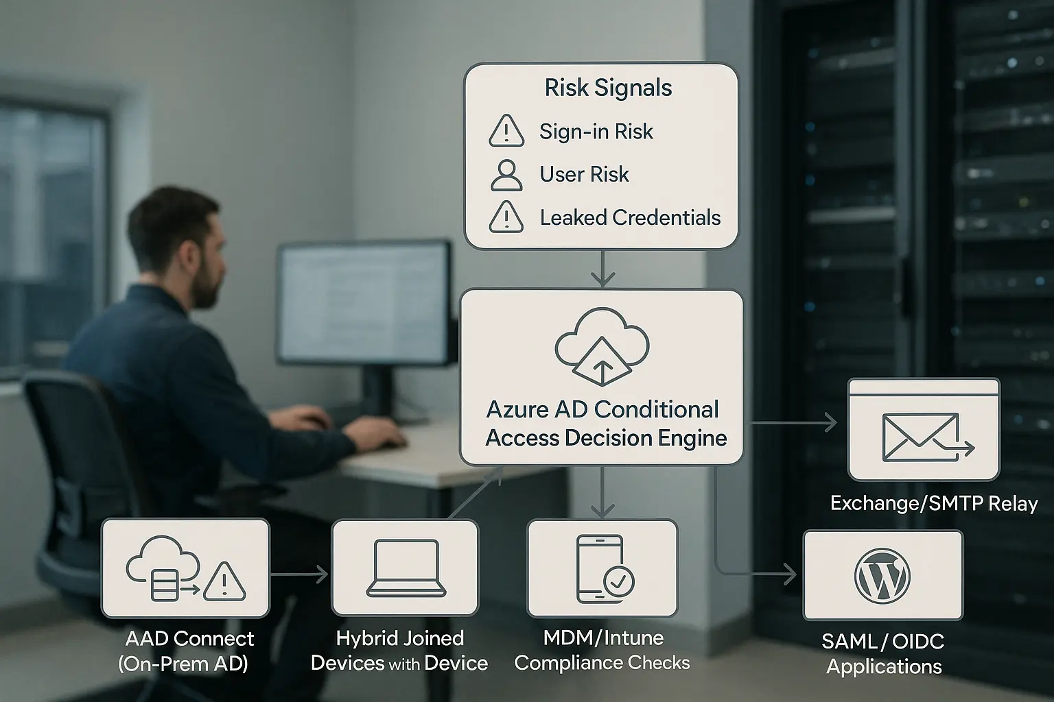 Architekturdiagramm: Azure AD Conditional Access Decision Engine mit AAD Connect, Hybrid Joined Devices und Identity...