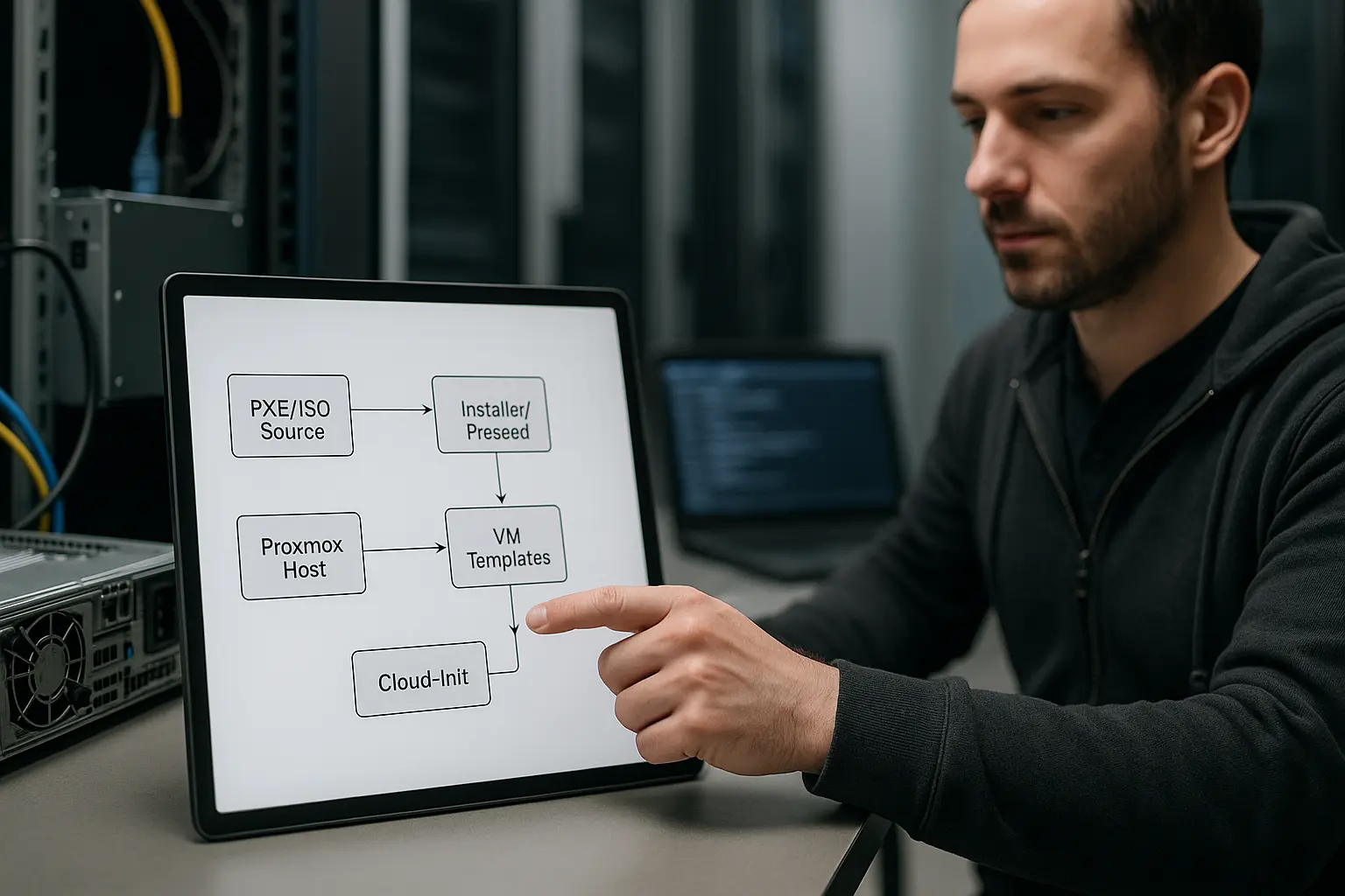 System Engineer prüft Diagramm zum automatisierten Proxmox-Rollout mit Preseed und Cloud-Init neben Serverhardware